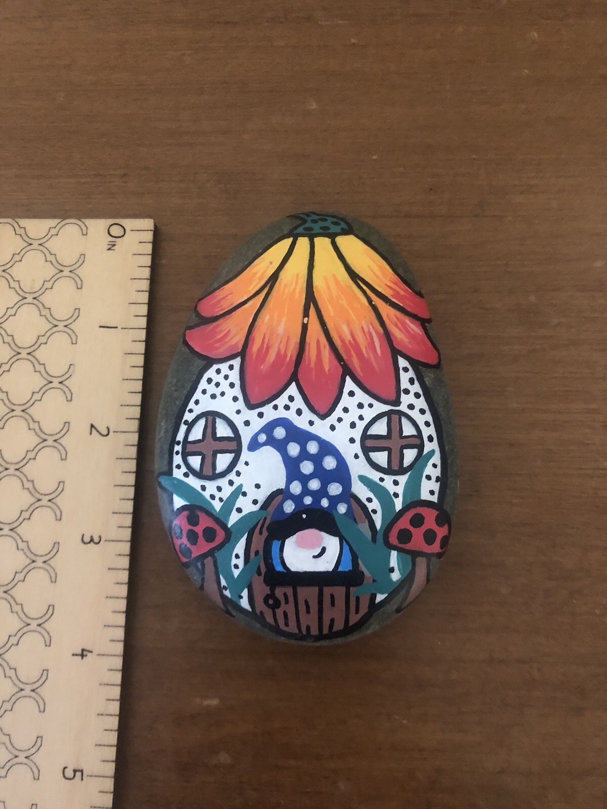 Handpainted Smooth River Rock Gnome Cottage Fairy Tale Mushrooms