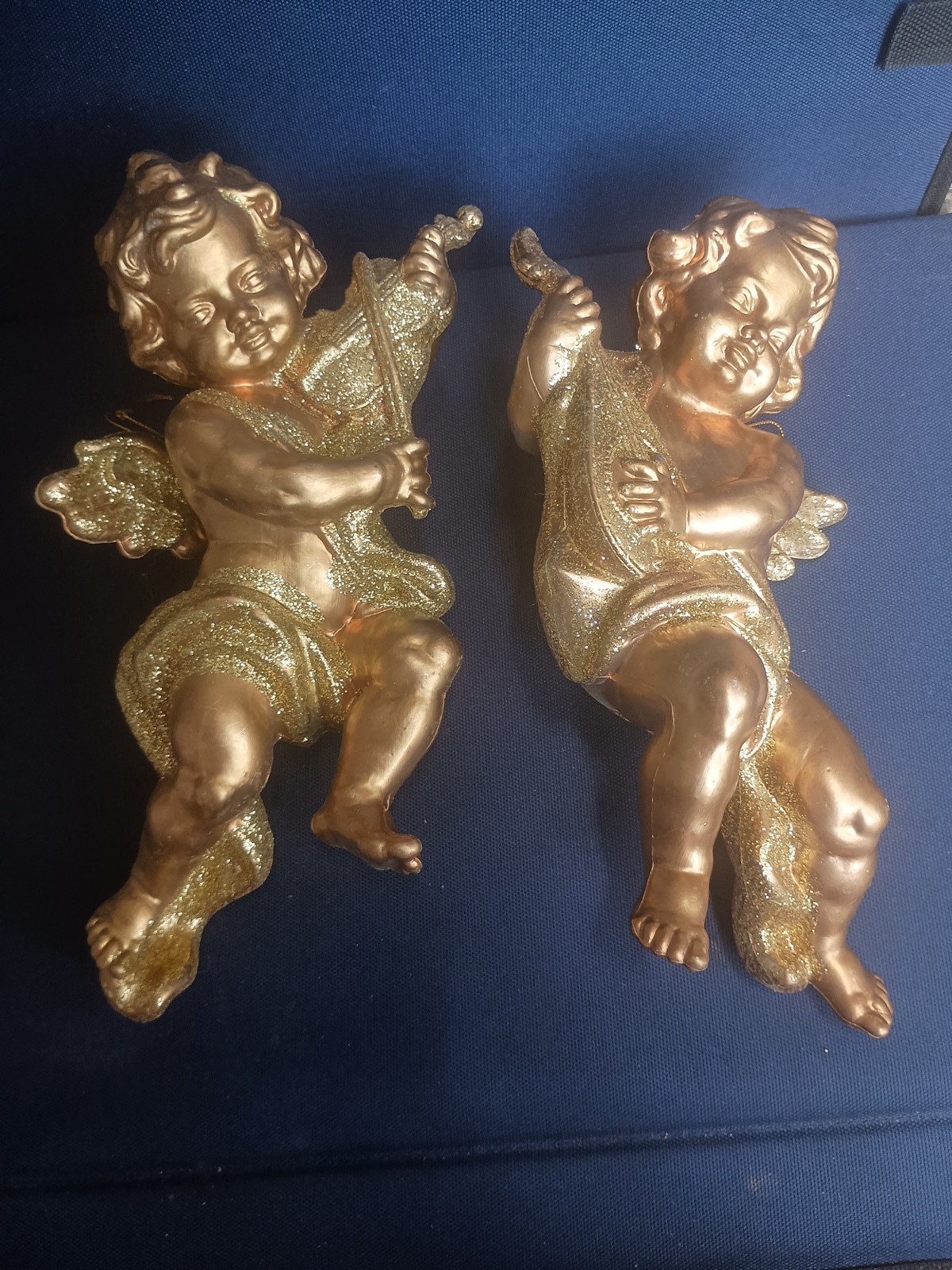 Vintage Gold Cherubs Angels Musician Plastic With Glitter Large 11″ Pair Hollywo