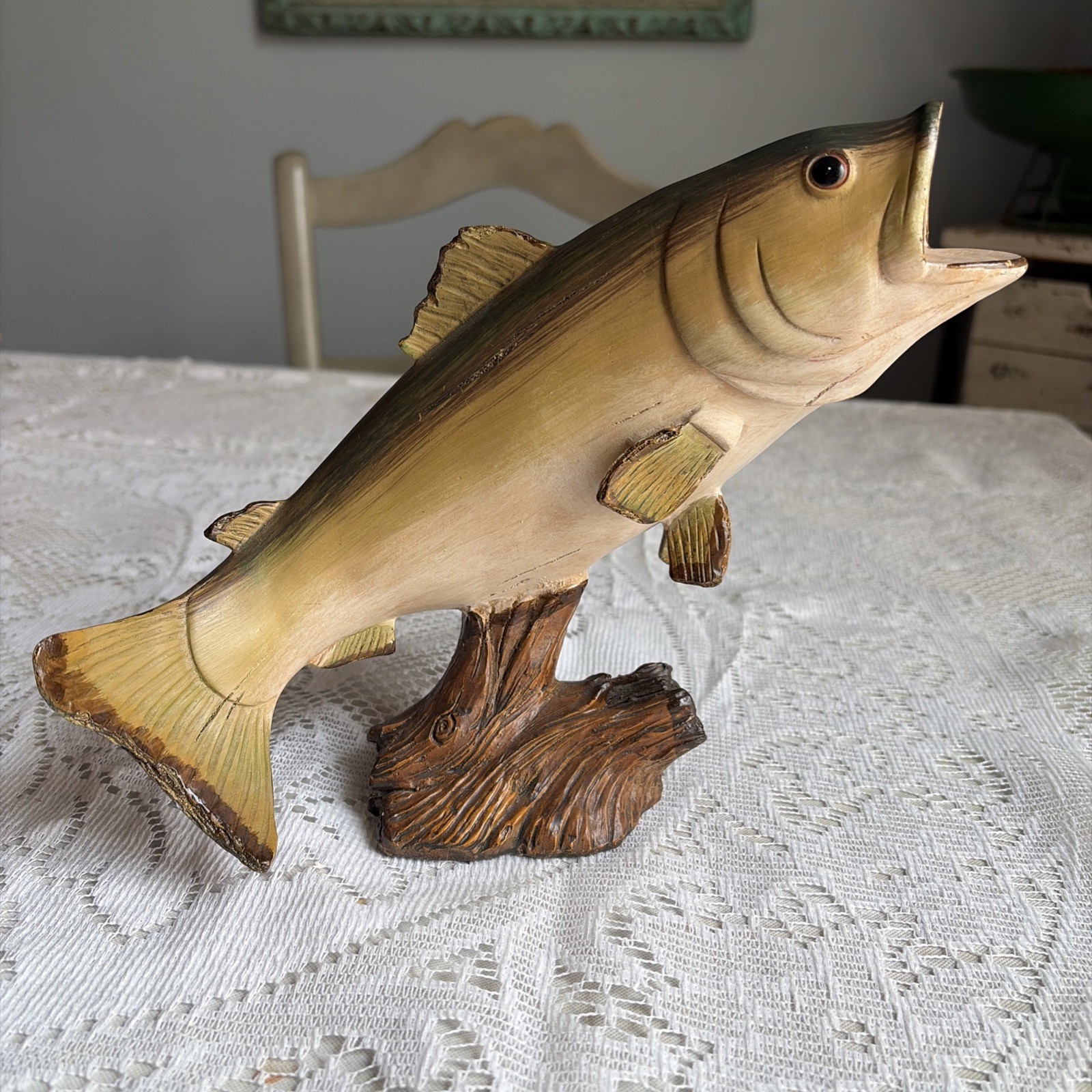 Hand Painted Resin Bass Figurine Perched On Driftwood Fish Nature Cottagecore