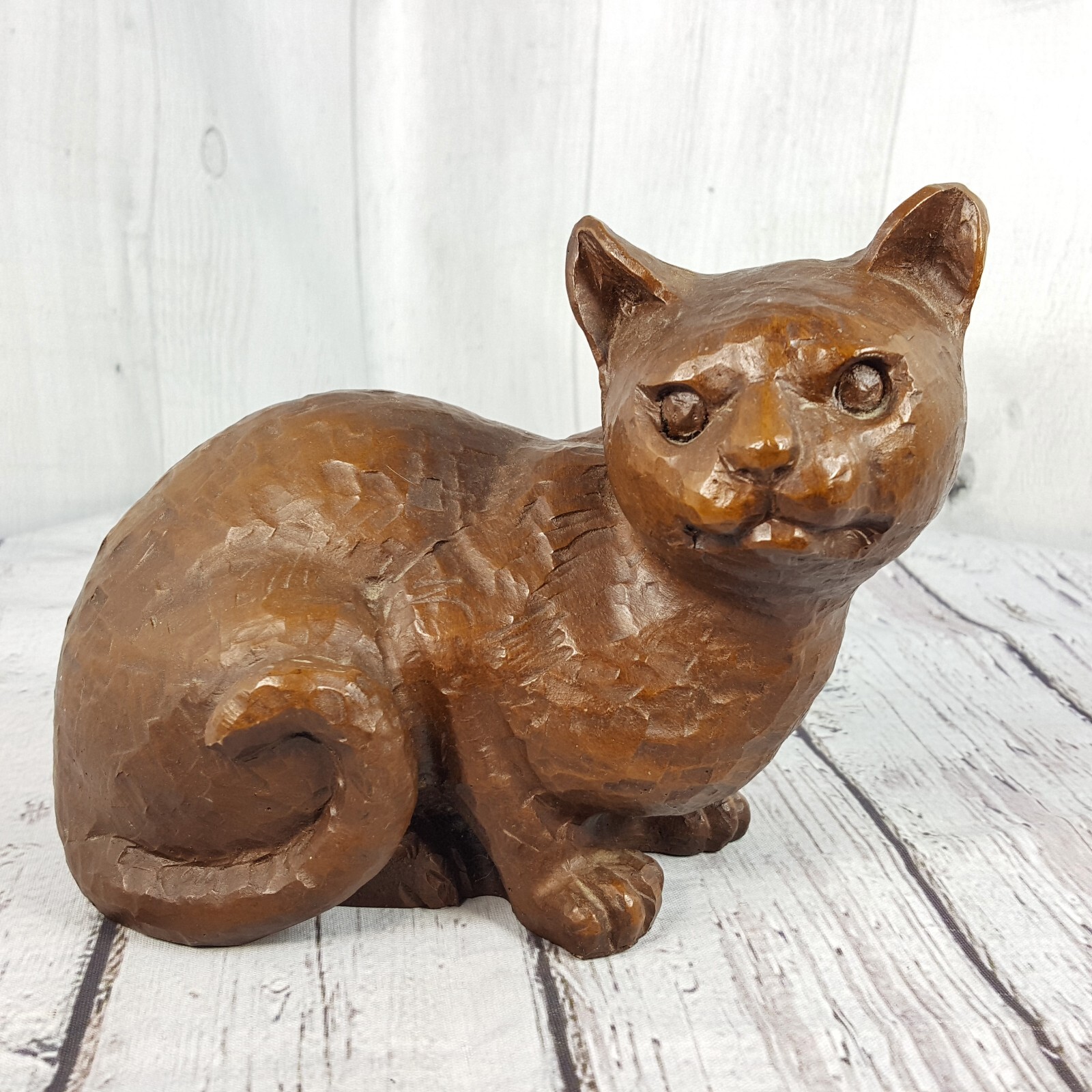 Faux Carved Wood 6″ Brown Cat Resin Figurine Statue 2lb Doorstop
