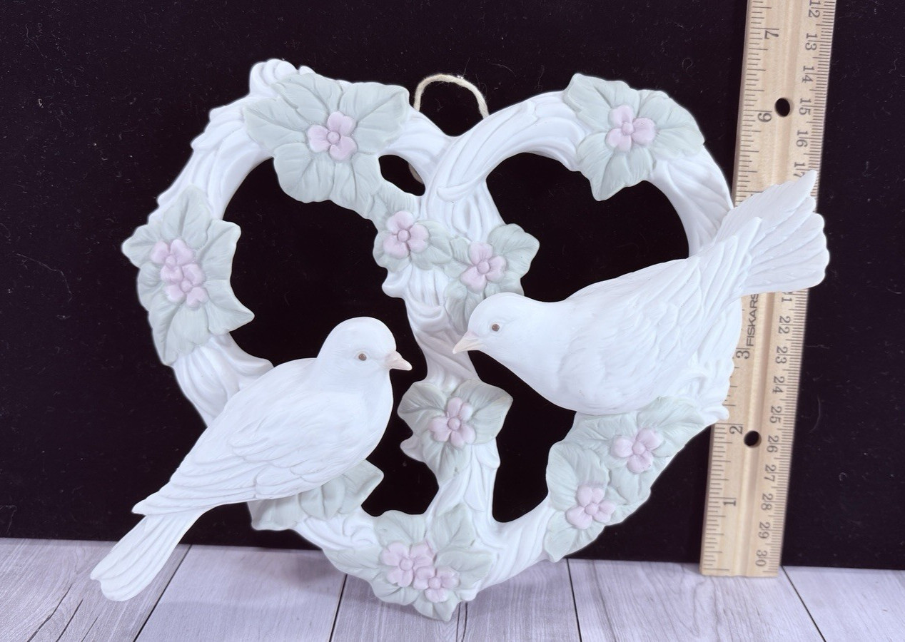 Vintage 80s Hallmark Ceramic Floral Heart Wreath Doves Wall Hanging Japan