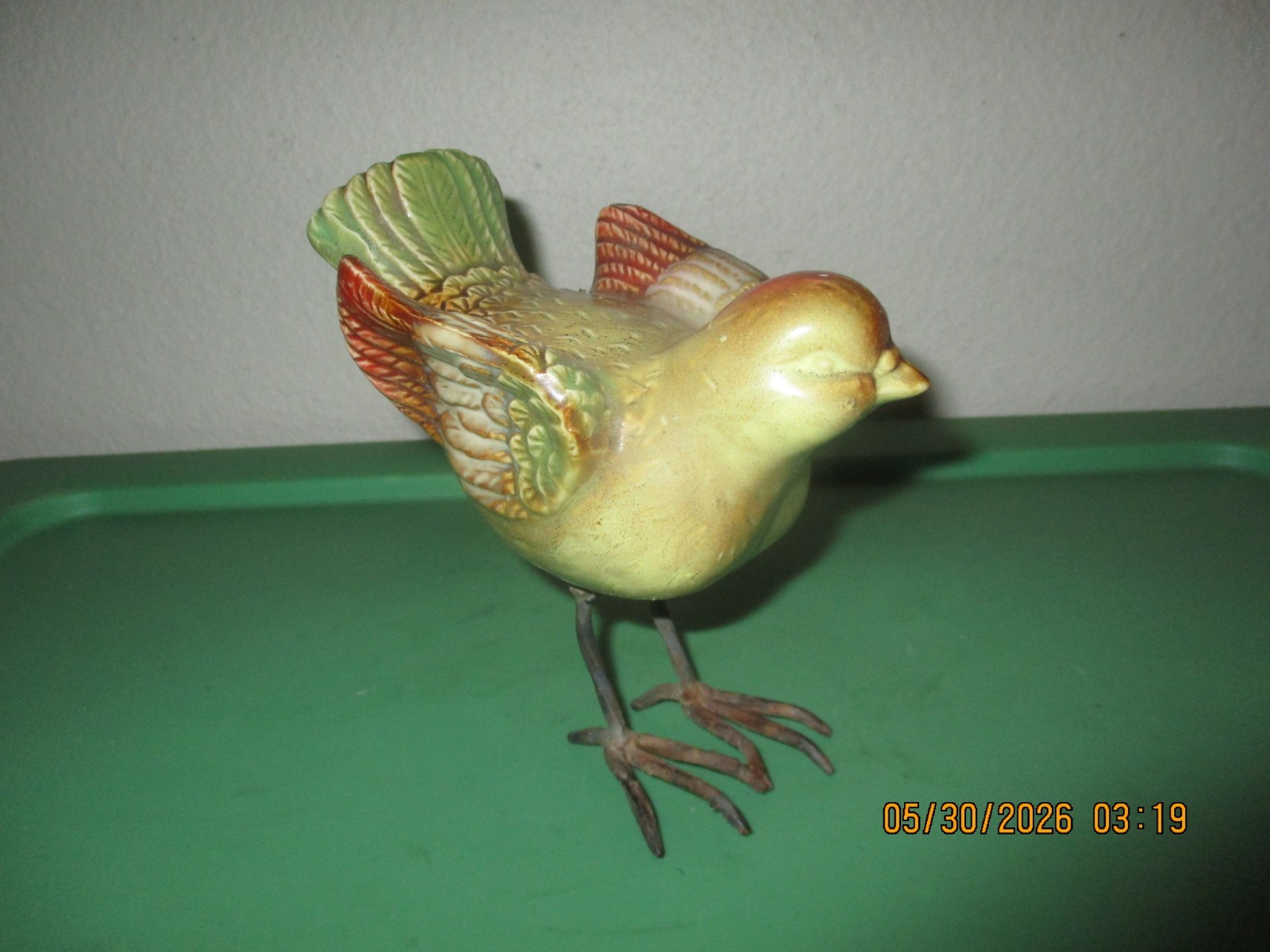 Vintage Ceramic/Porcelain Bird Figurine with Metal Feet (Unbranded) 6 inches