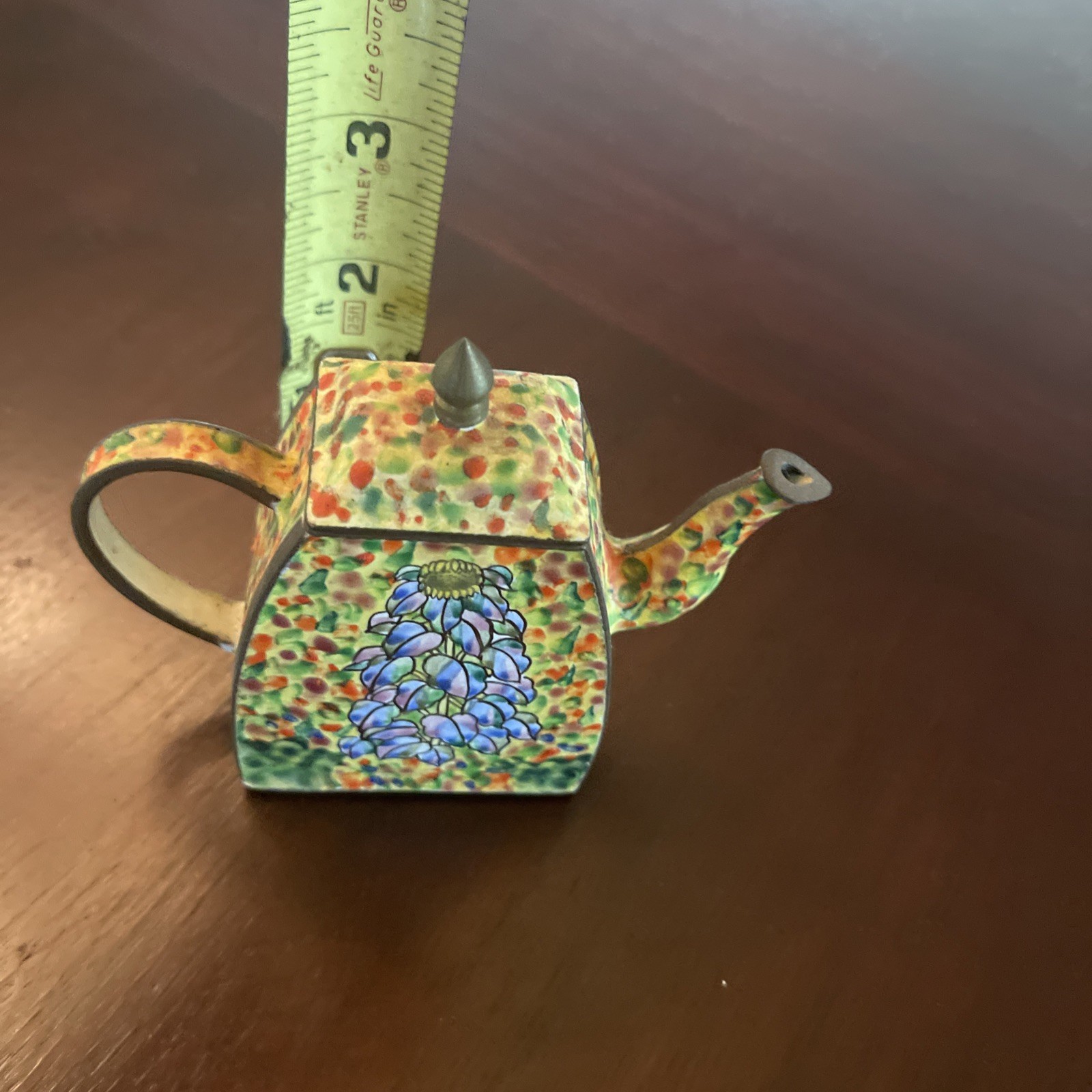 ? KELVIN CHEN Hand Painted Enamel On Copper Floral Miniature Teapot Figurine