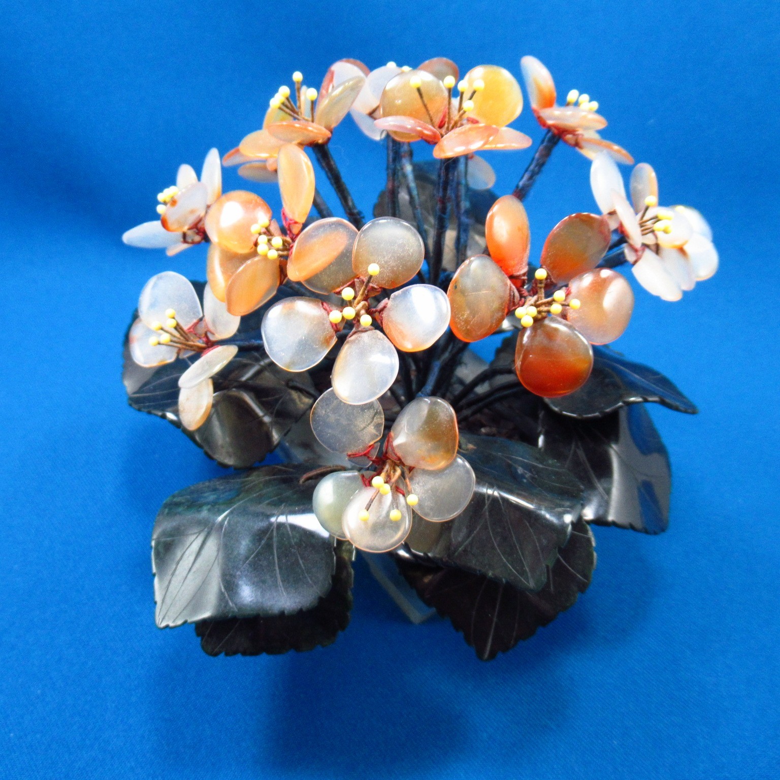 Chinese Jade Quartz Stone Flowers in Stone Base 5″ tall