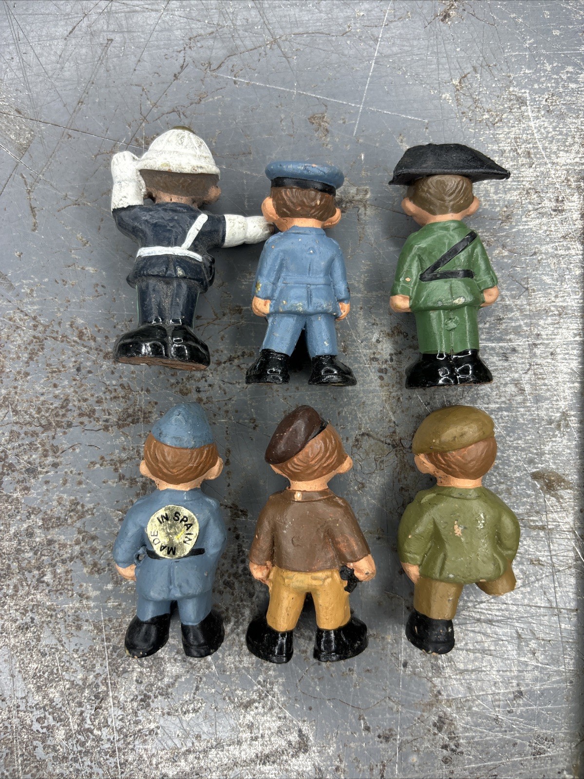 Lot 6 Vintage Spanish Mud People Mini Clay Figurines 2″ Hand Painted Navy Police