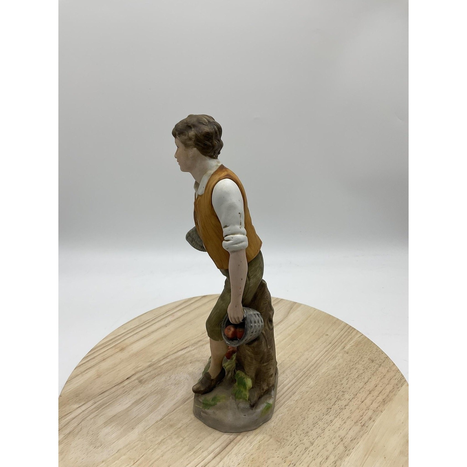 Vintage Ceramic Boy With Apple Baskets Figurine Farmhouse Home Interior Decor