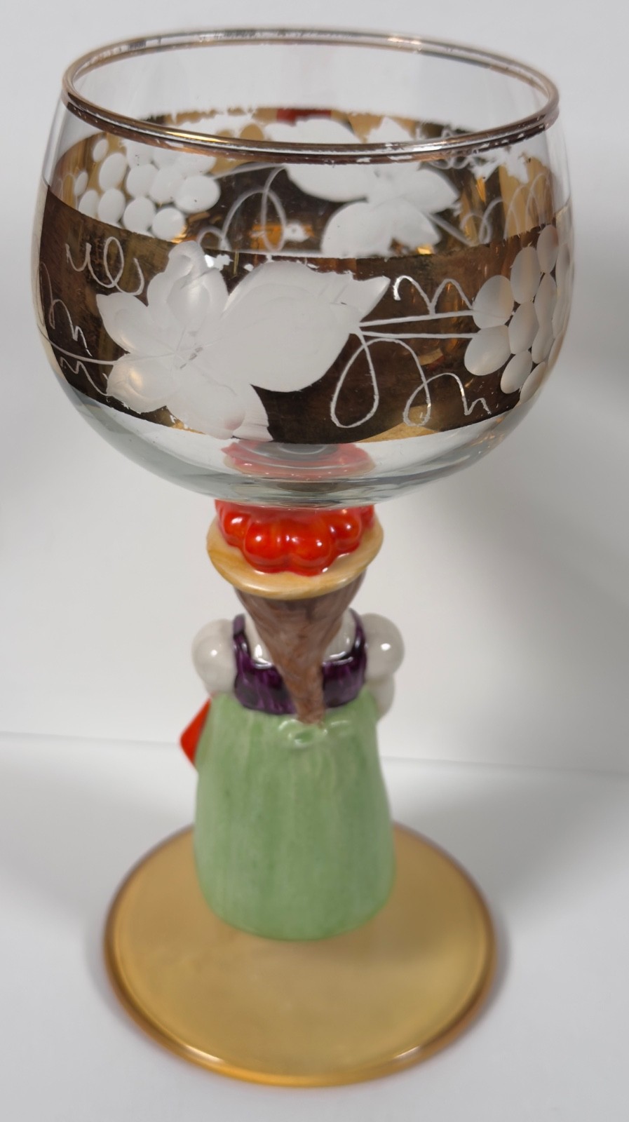 Goebel Hummel Figurine 14K Gold Etched Grapes Bavarian Woman Orange Hat glass