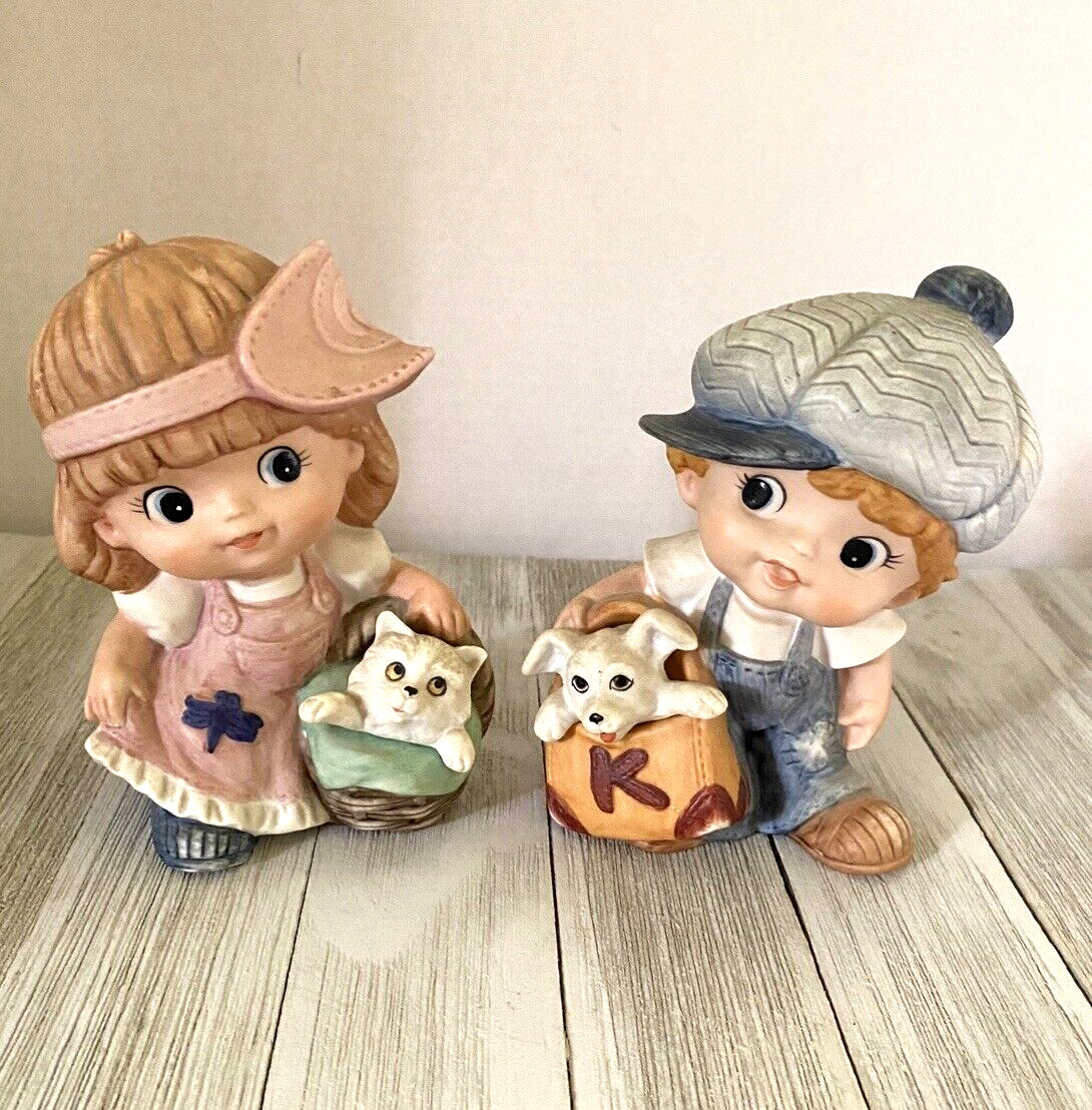 Vintage Homco LITTLE BOY AND GIRL DOG And CAT #1439 Porcelain Figurines 5” High