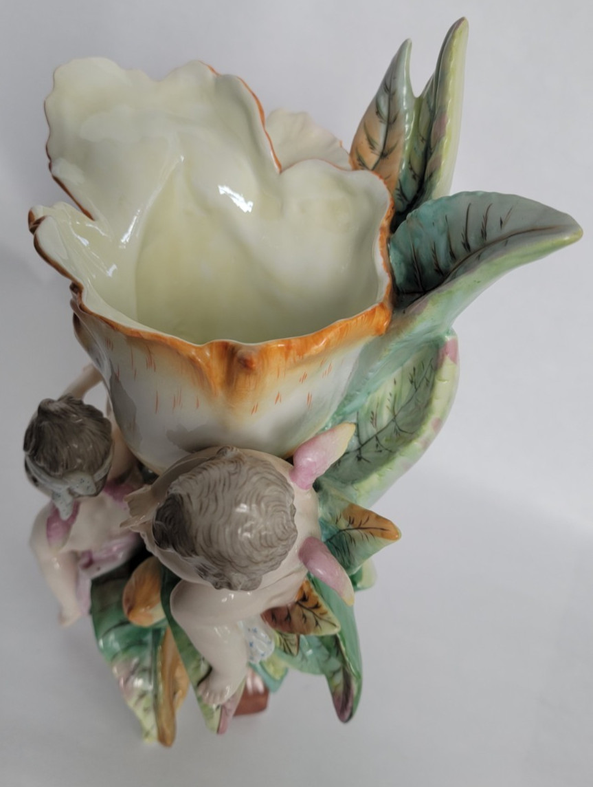 1880s Rare Marked w Impressed #s Stamped KPM Triple Cherub Putti Floral Vase 11″