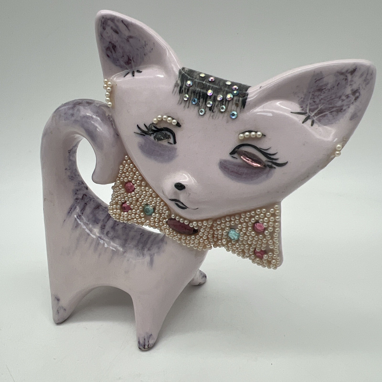 MCM Flat Cat Pearl Collar Purple Rhinestone Groovy Kitty Kitten 1950’s