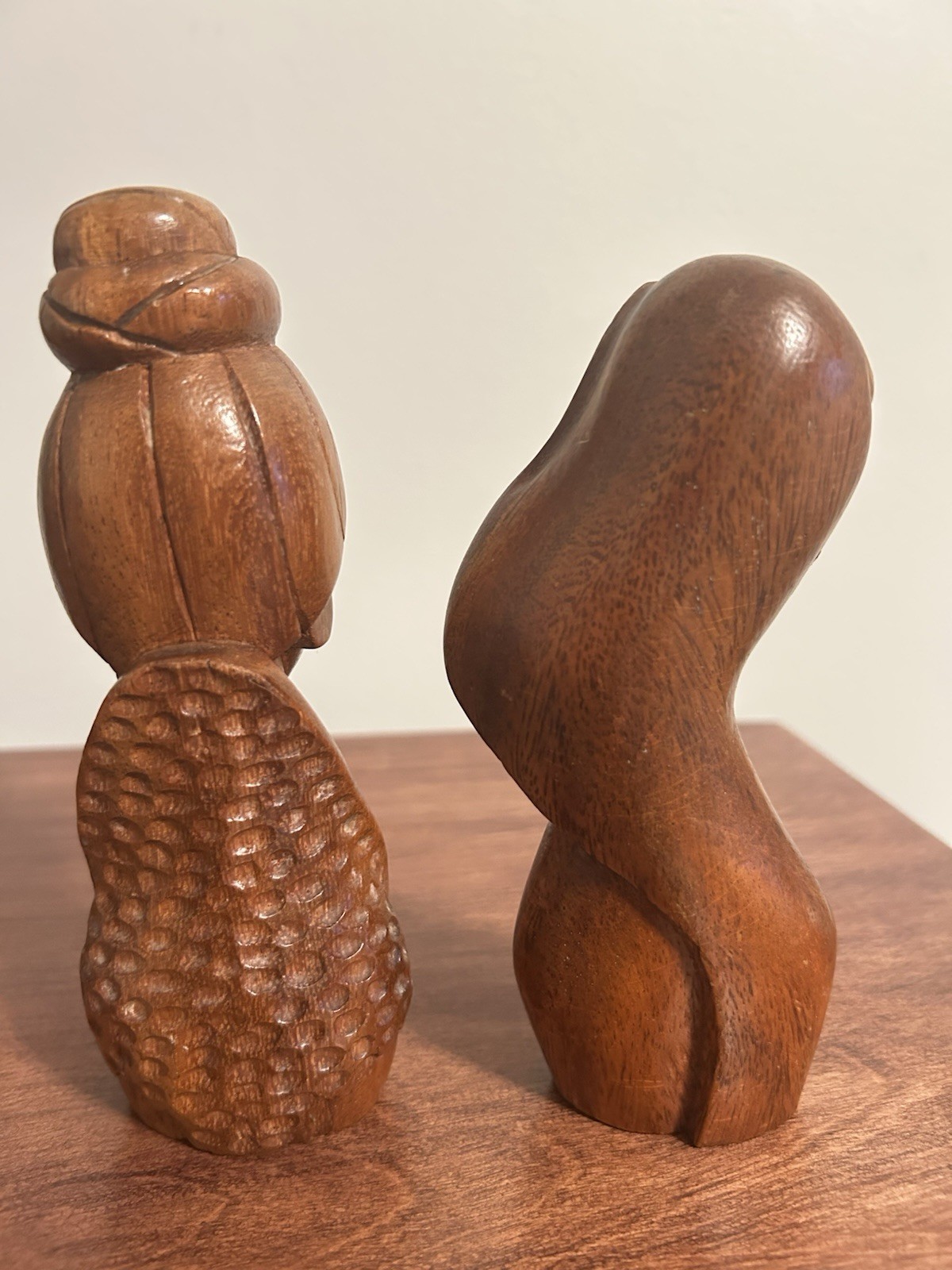 PAIR Vintage Woman Face Figurine Abstract Modernist Wooden Sculpture MCM