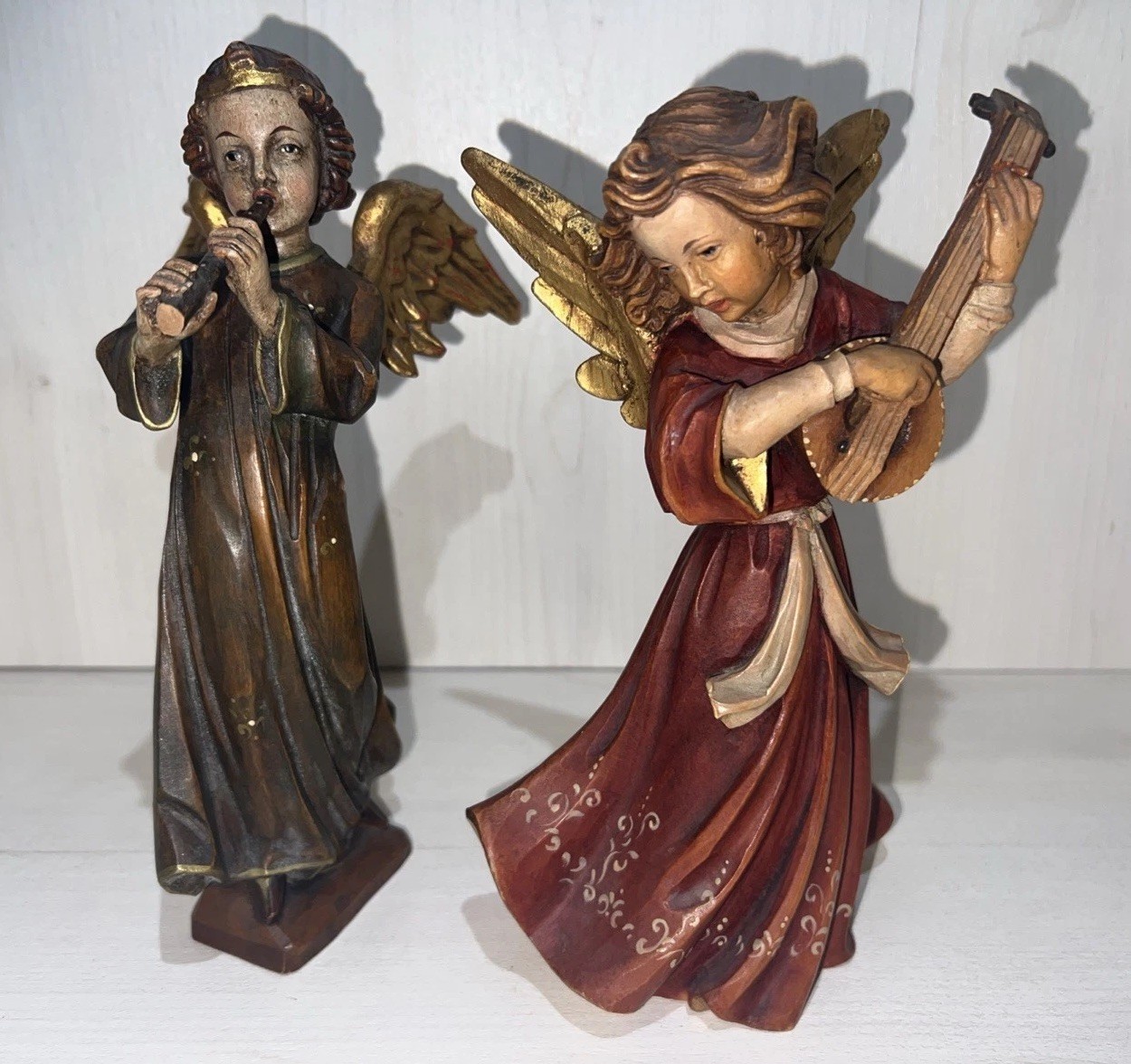 Hand Carved & Painted Wooden Cherub Angels w/Musical Instruments Pair (2)