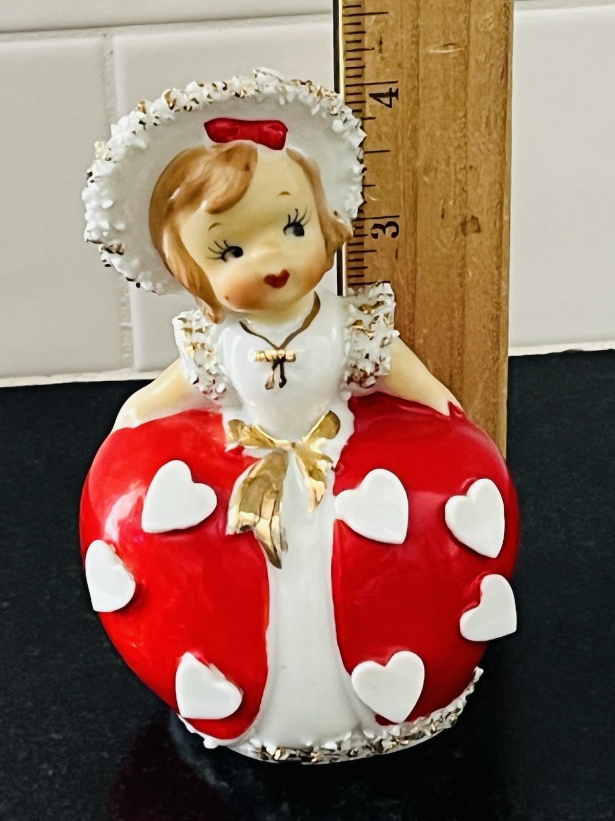 Vintage Lefton Valentine Ceramic Girl Bell Figurine Red Hearts Spaghetti Trim 4″