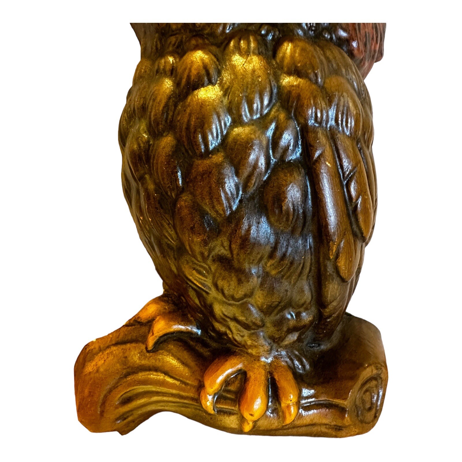 Vintage Chalkware Plaster Brown Owl Perched On Log Wallhanging Handpainted