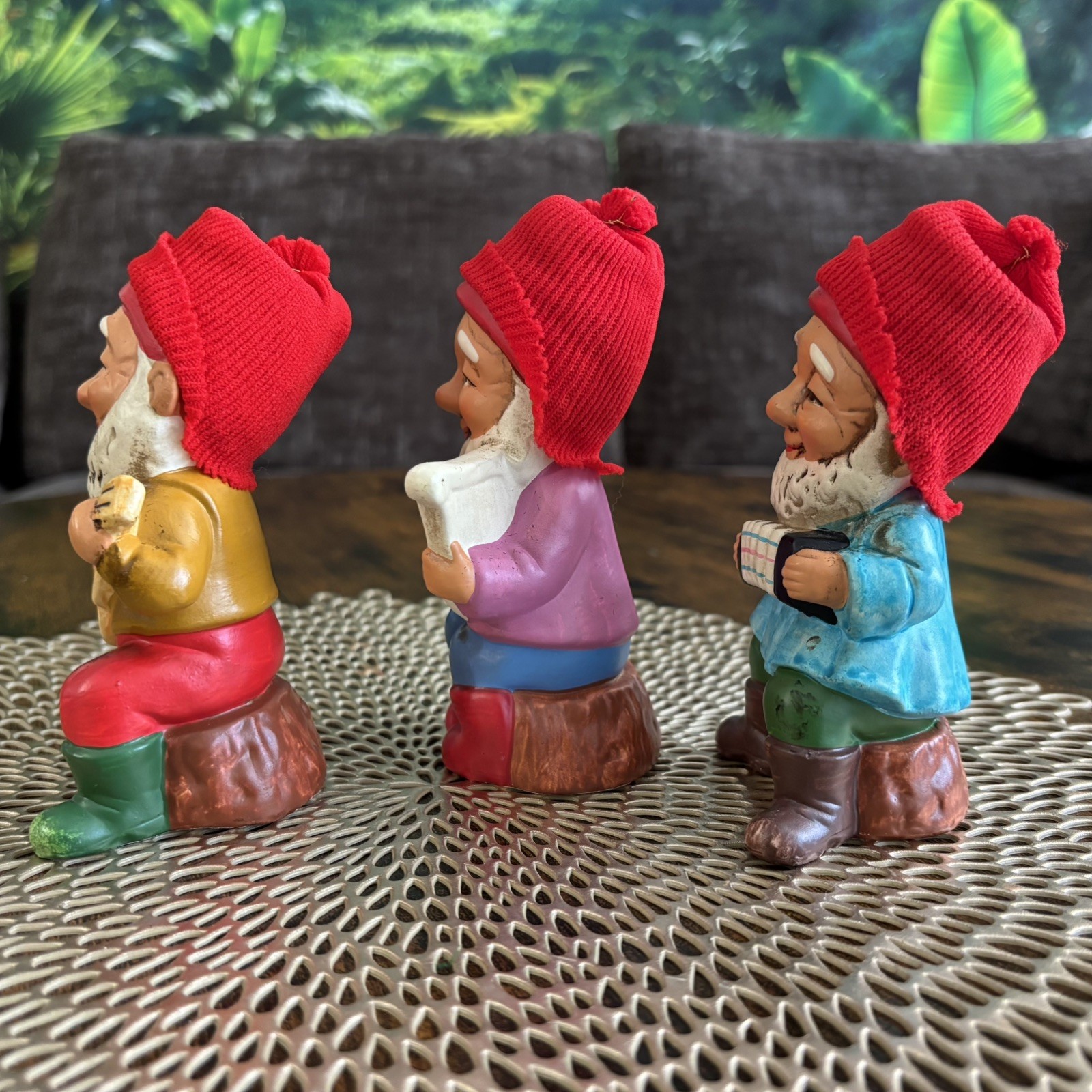 Vintage Figurines 3 Gnomes Playing Instruments Knitted Hats 5”