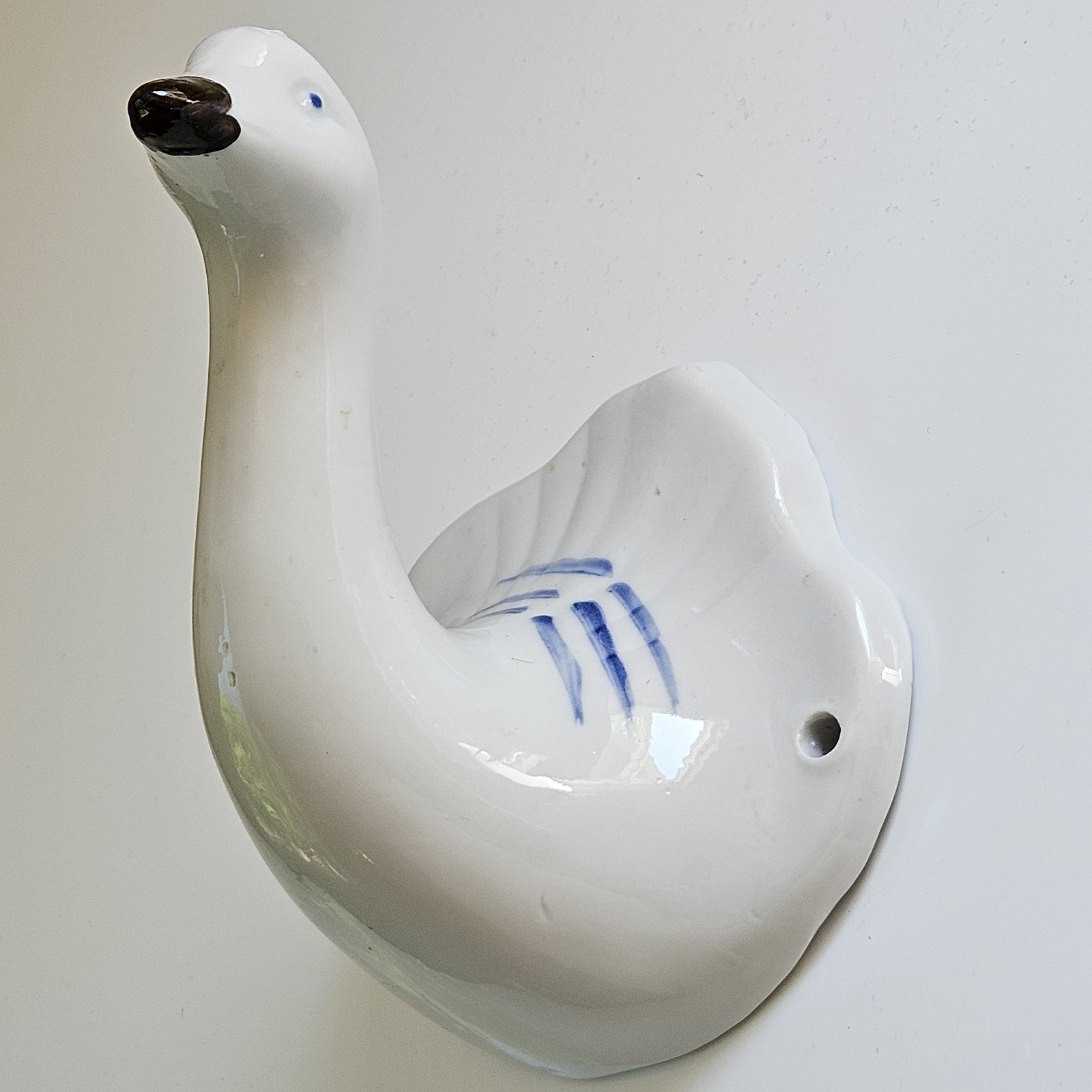 Rare Vintage Goose Hand Towel Holder Hook, Blue And White Ceramic, Cottagecore