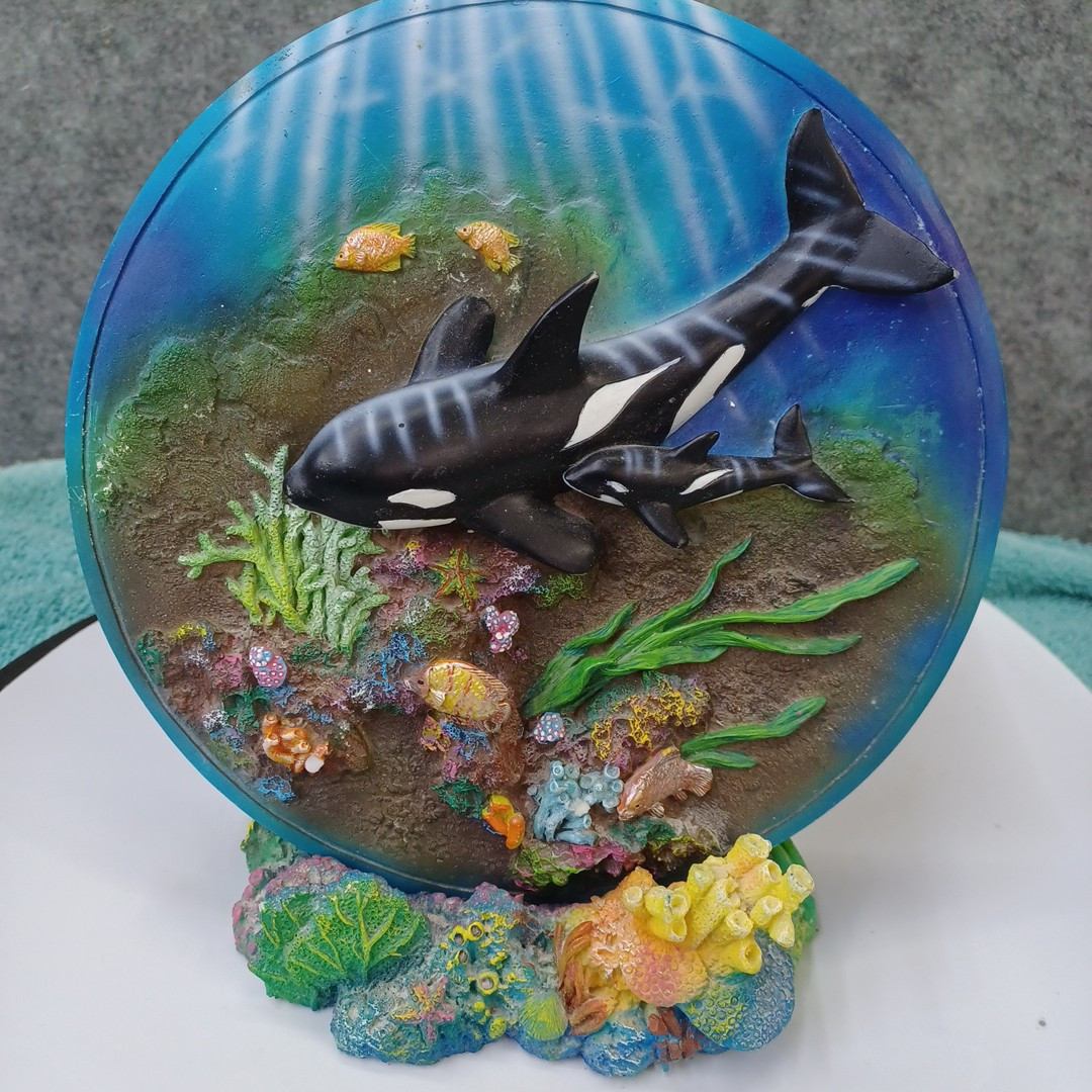 VTG Mother & Baby Orca Duo 3D Resin Ceramic Pottery Figuri w/ Sealife Reef Stand