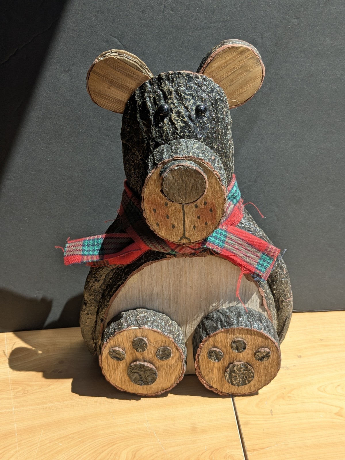 Rustic Wooden Bear Figurine w/ Plaid Scarf Log Cabin Lodge Decor Tabletop…