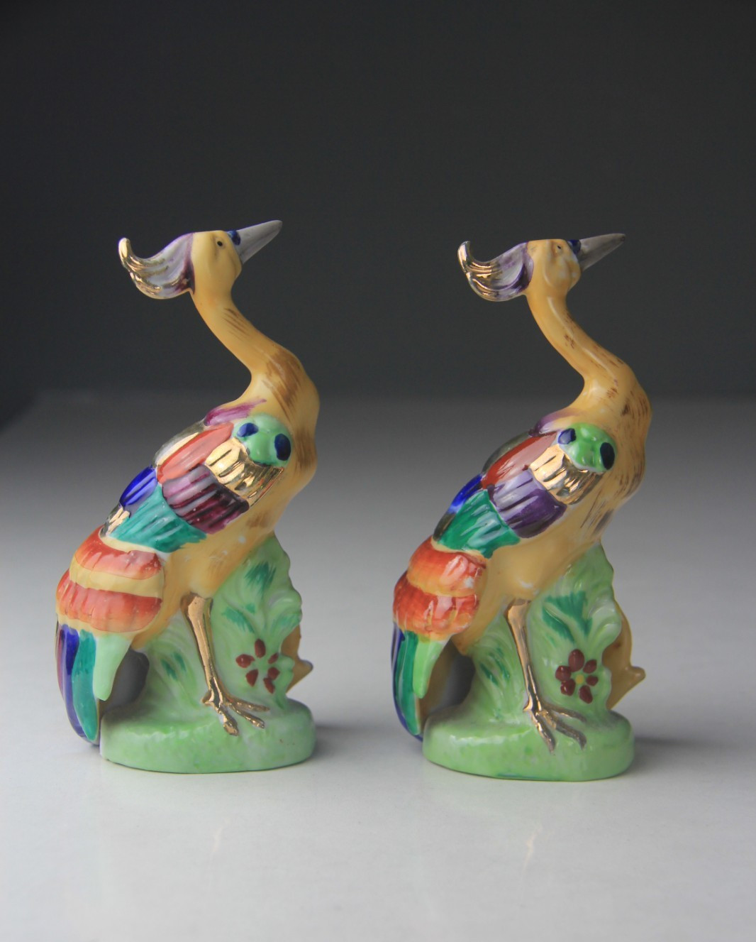 VTG Occupied Japan Multi-Colored Pheasant Bird Figurines w/ Long Tail Feathers
