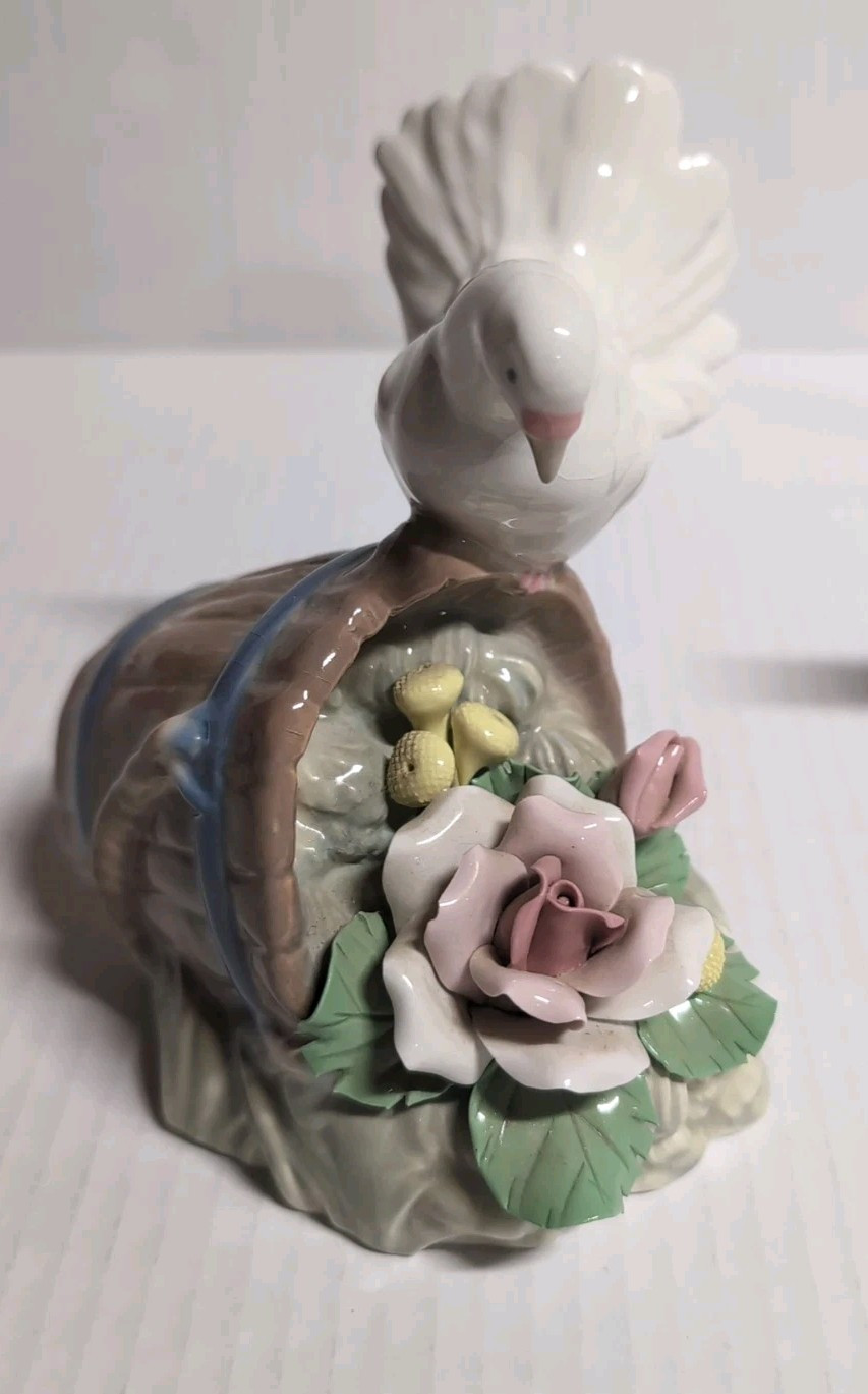 Porcelain White Dove With Bucket Of Flowers, Made In Spain ,Miguel Requena…