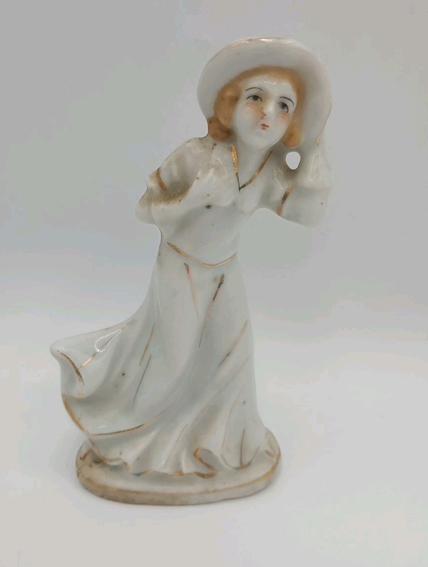Vintage Woman Porcelain Figurines White Gold Occupied Japan Dress Hat 4.75 Inch