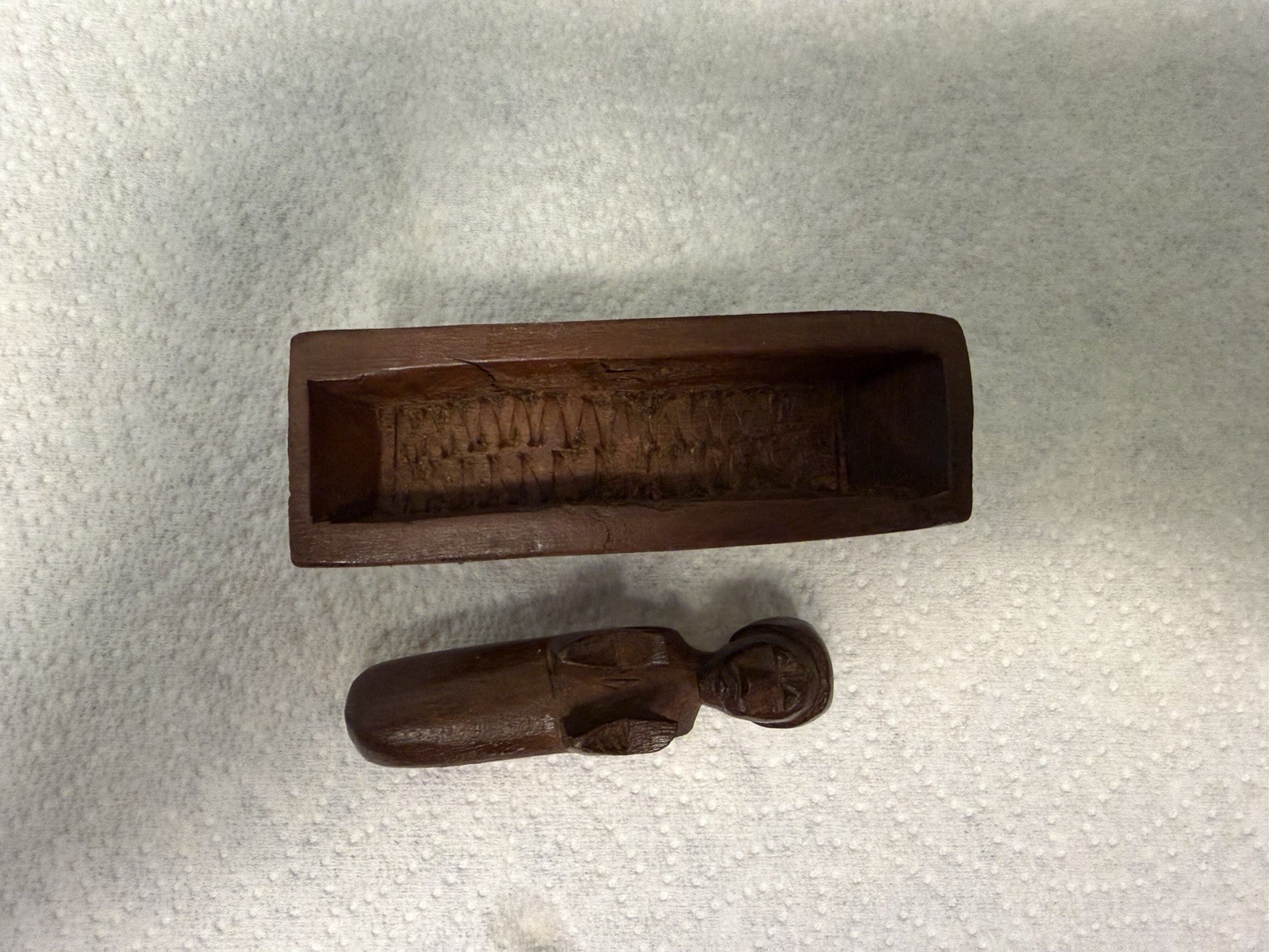 Vintage Small Hand carved Coffin Wood Sculpture With Wooden Carved Figure Man