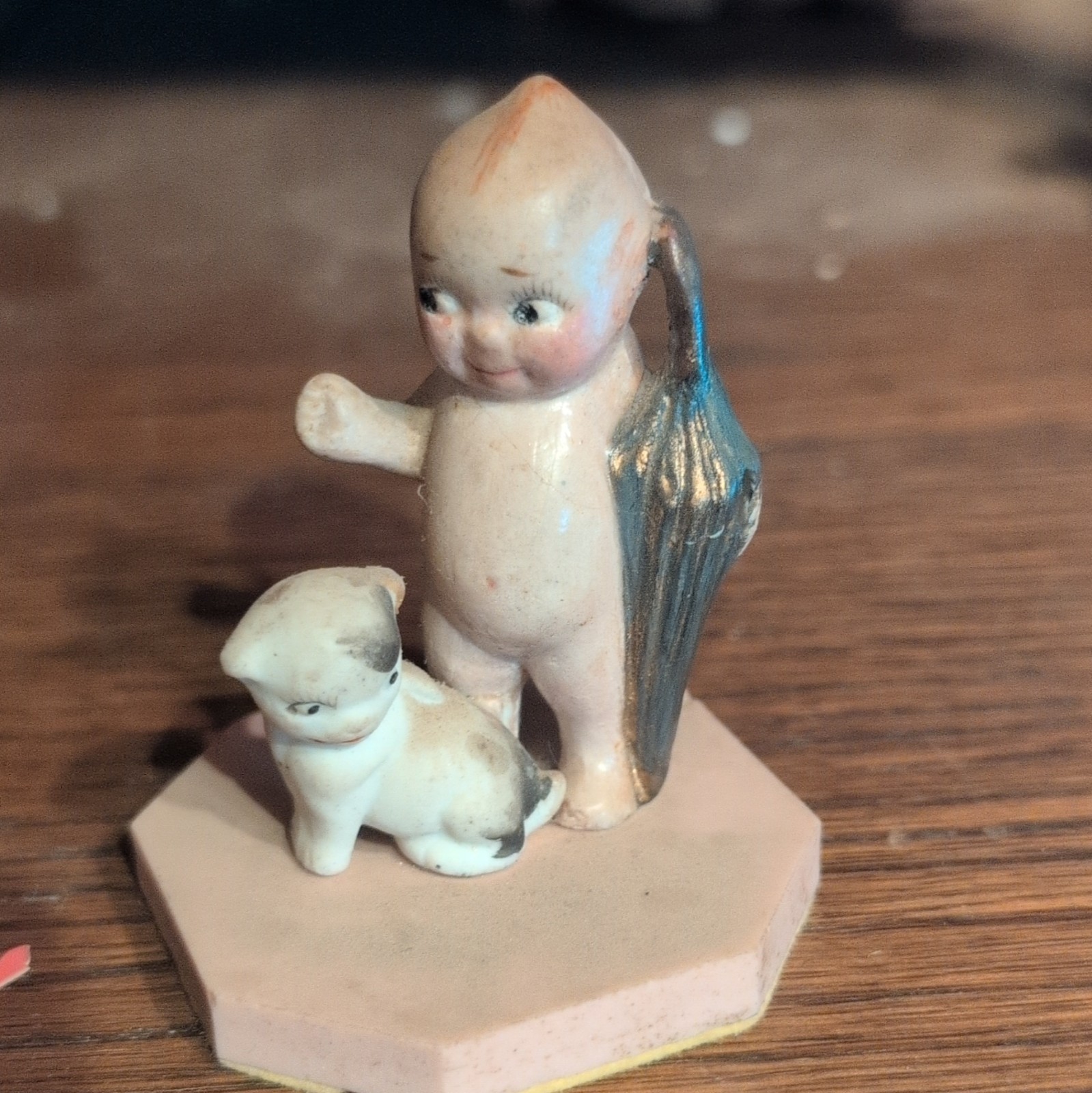 Kewpie Doll Ceramic Angel Figurine w/ Cat, Beige White Blue Gray,Unboxed