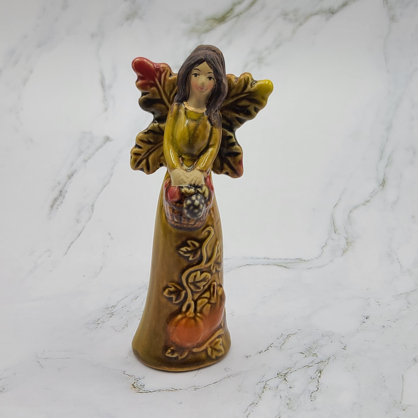 Ceramic Angel Figurines Set Of 2 Autumn Sunflowers Pumpkins Fall Decor