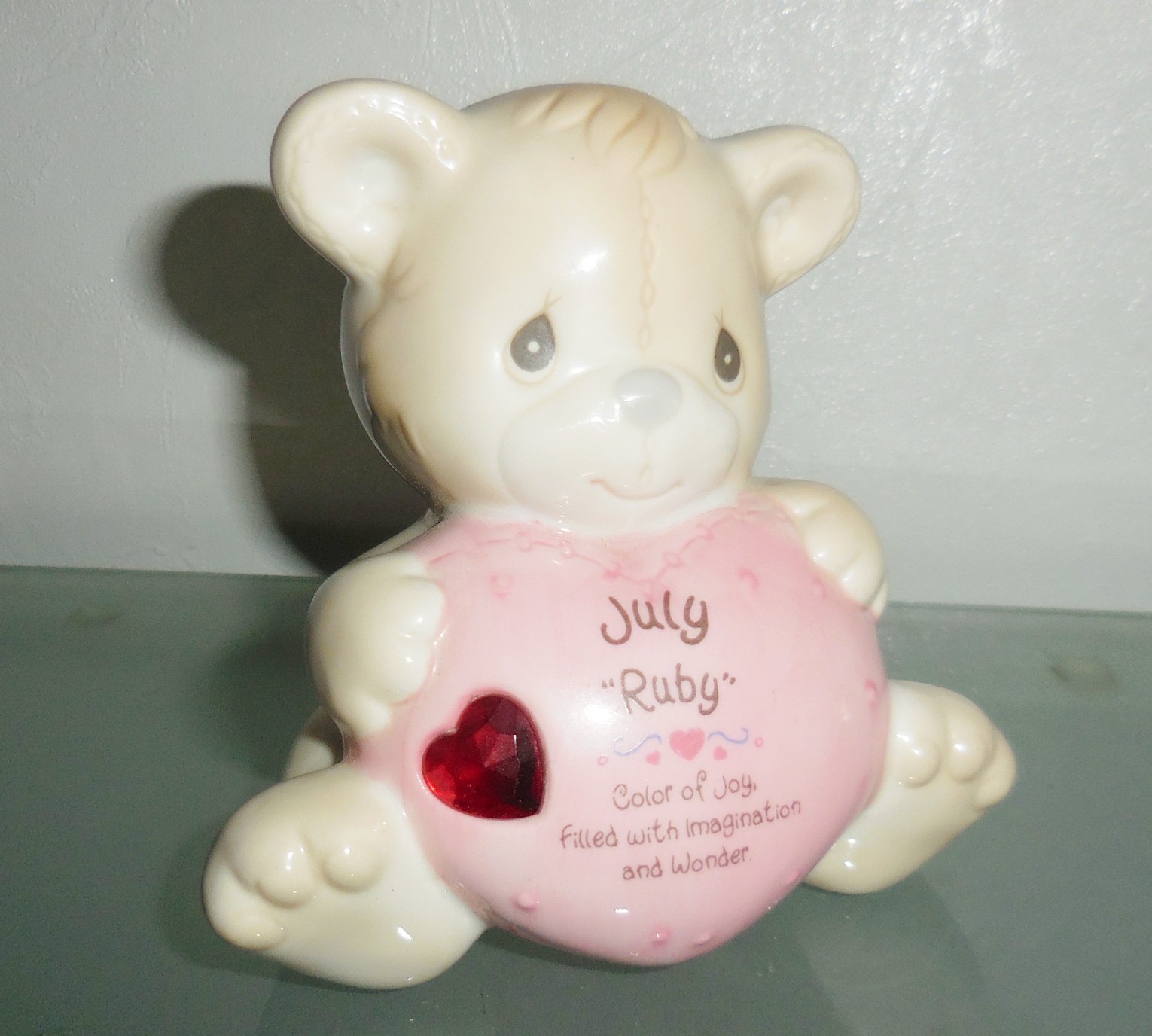 VINTAGE PORCELAIN PRECIOUS MOMENTS PIGGY BANK JULY RUBY RED HEART DESIGN