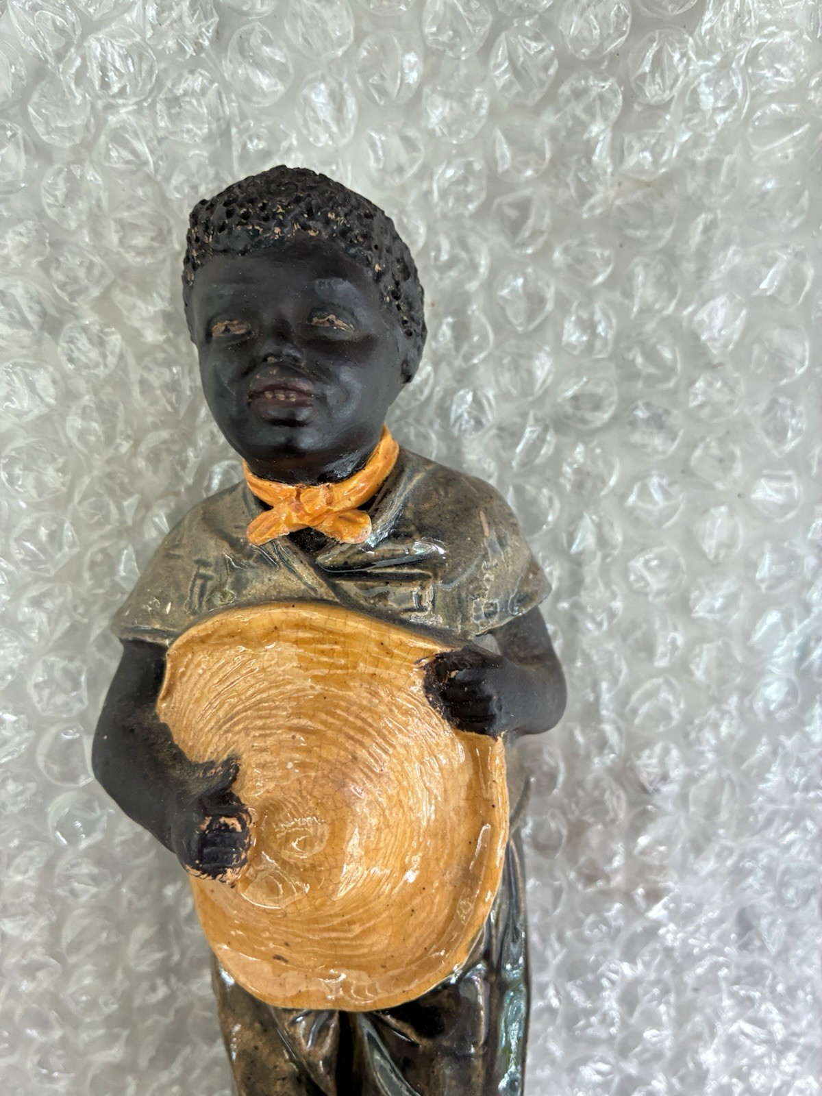 Americana 1870’s Staff Figure Black Boy w/ Hat Glazed Clay Statue Marked 1257
