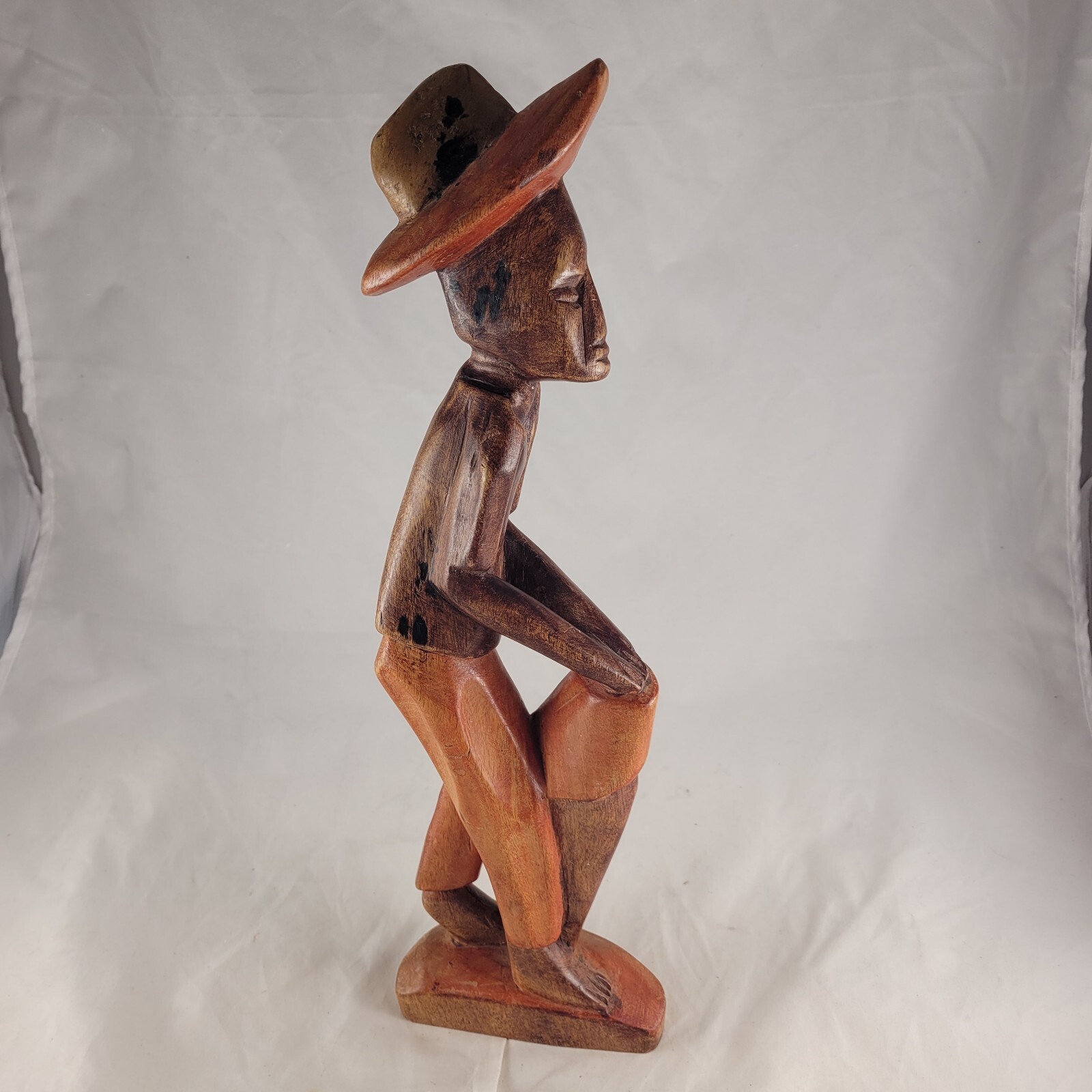 Vintage Haitian Hand Carved Wood Sculpture Man with Ewe Drum 15.5 inches
