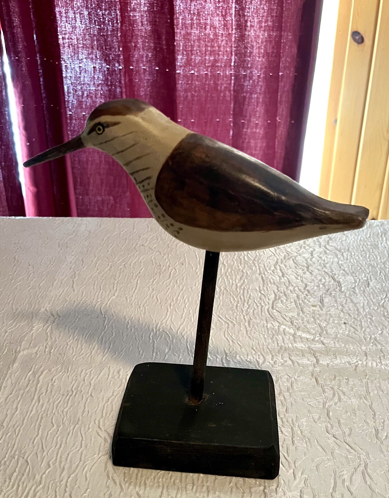 Wooden Carved Sandpiper Shorebird Freestanding Rustic Painted Beaded Eyes
