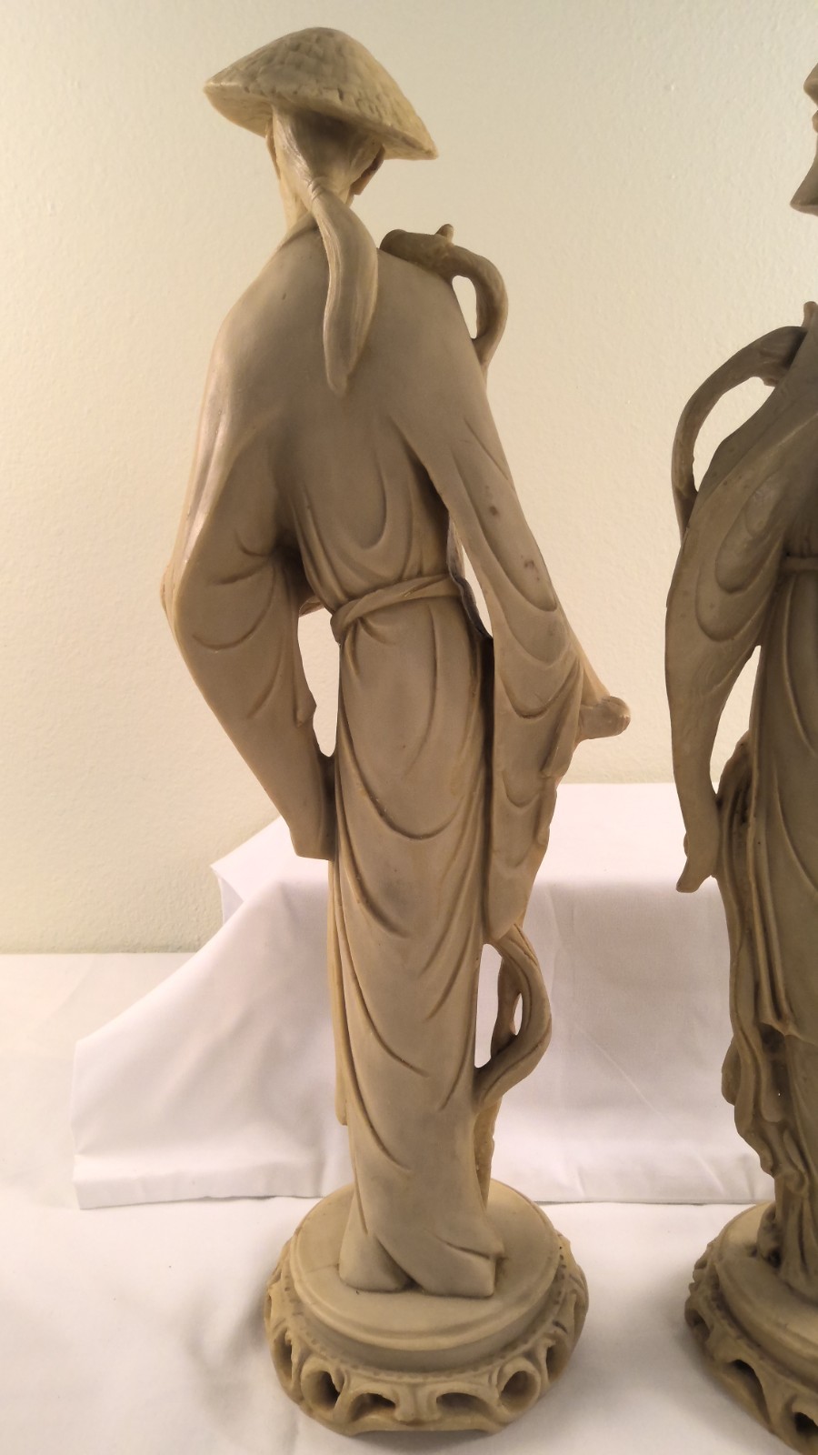 Vintage Asian Carved Resin Man & Woman with Birds Figural Statues 19.5 Inches