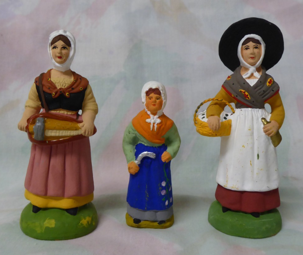 2 VINTAGE MARCEL CARBONEL SANTONS CLAY LADY FIGURINES FRANCE & 1 UNMARKED