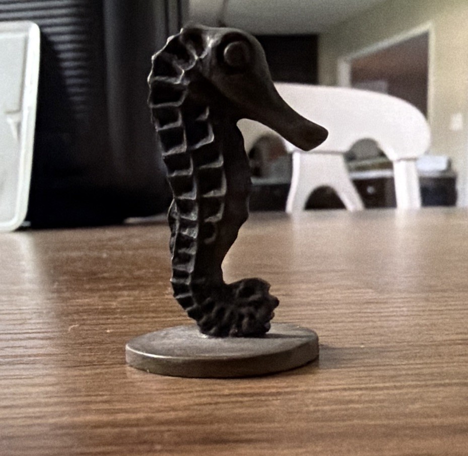 Small Gray Metal Seahorse Figurine 3D Effect Metallic Finish on Round Base