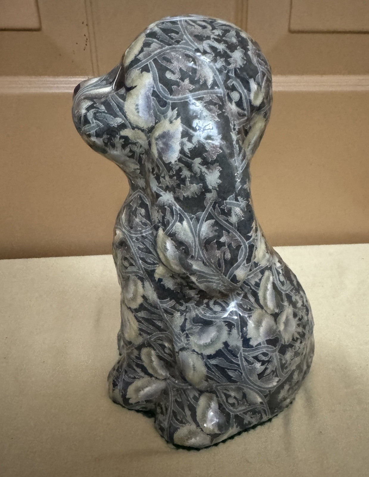 Decoupage Patchwork Floral Porcelain Sitting Dog Figurine Heavy