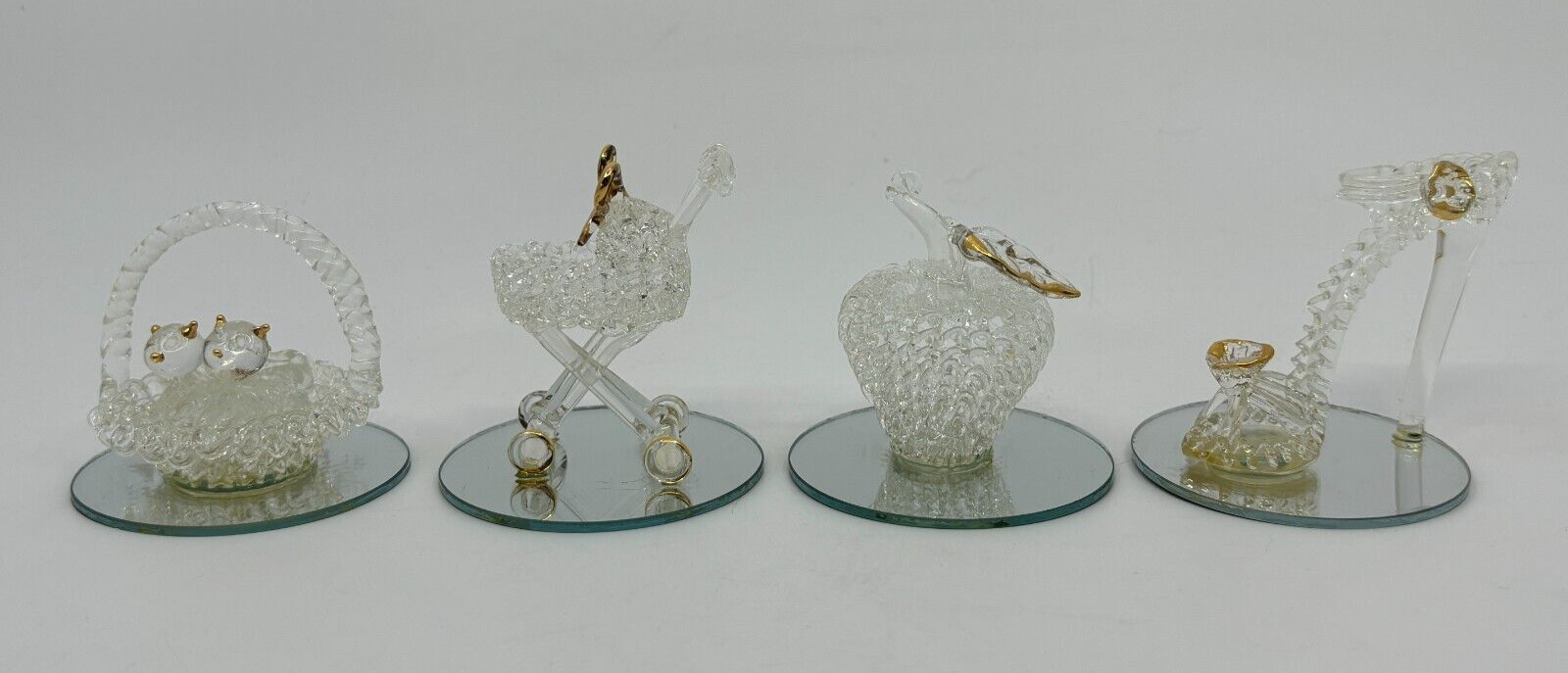 Set Of 4 Spun Glass Figurines Mirrored Base Kittens Shoe Baby Carriage Apple