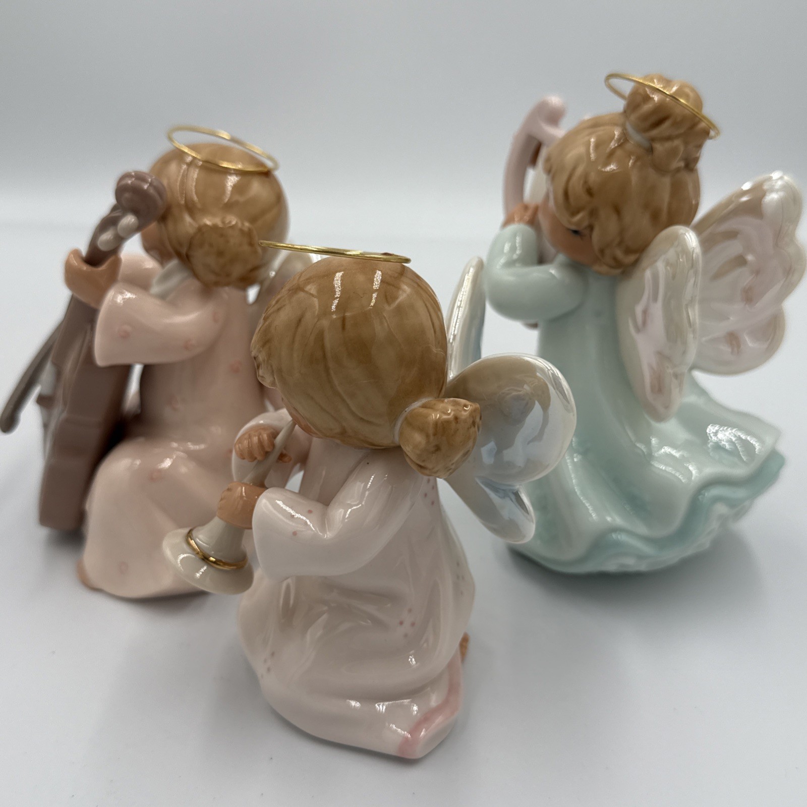 3 Angel Figurines Playing Instruments: Hello, Horn, Harp Pastels With Halo Wings