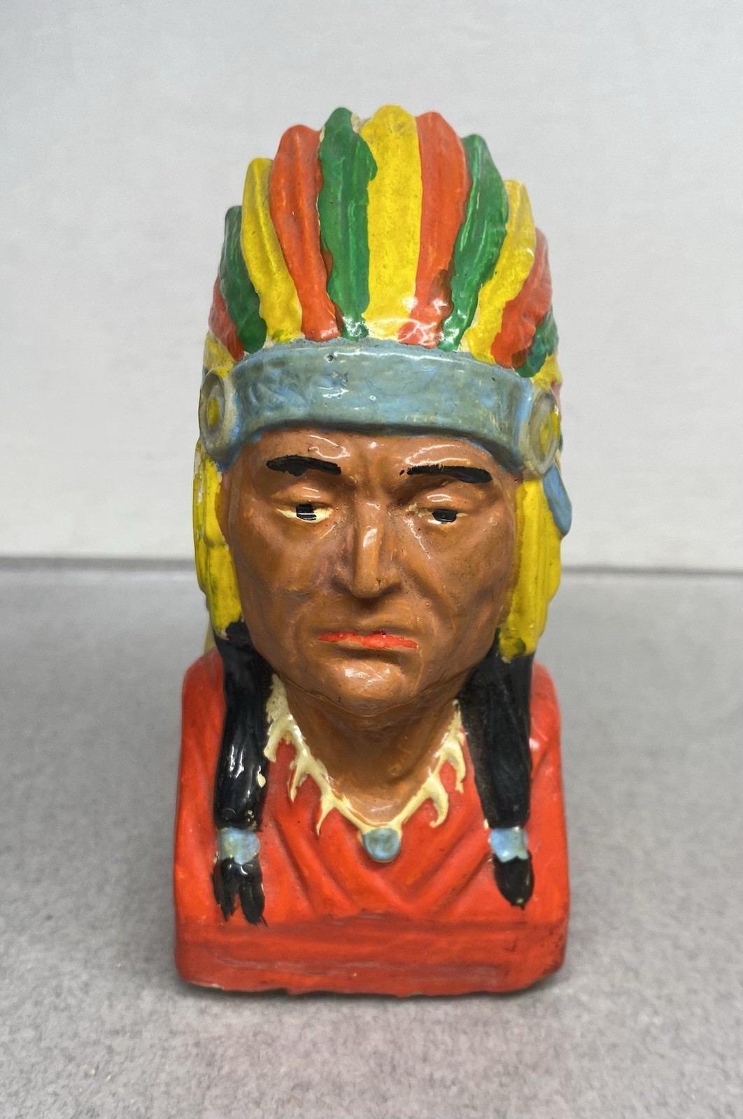 Vintage CHALKWARE Plaster INDIAN CHIEF Native American WITH HEADRESS