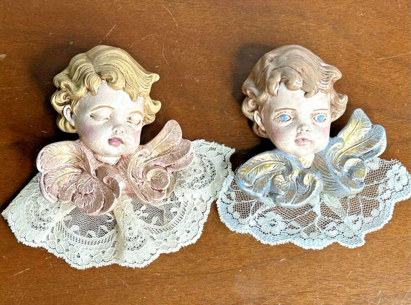2 Vintage Angel Cherub Face Head Boy Girl Lace Wall Hanging Decor 5”