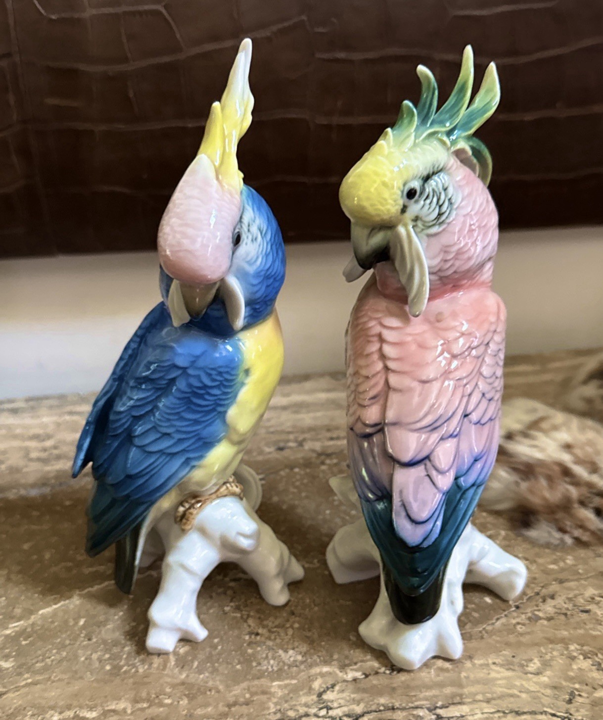 Antique Karl Ens Germany 20th. Century Pair of Blue & Pink Cockatoo Birds 8”Tall