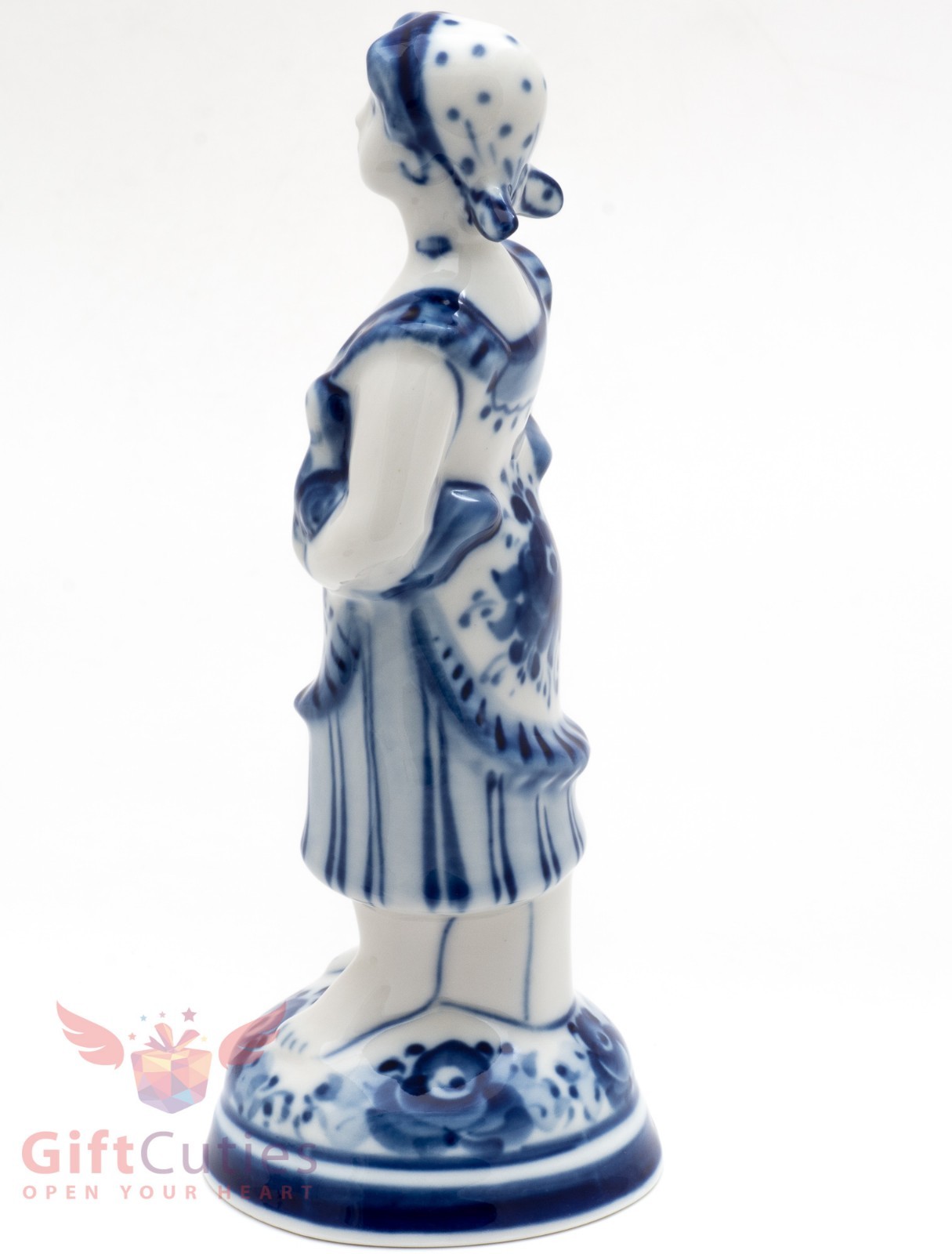 Gzhel Russian Handpainted Porcelain Folk Figurine peasant woman with birds