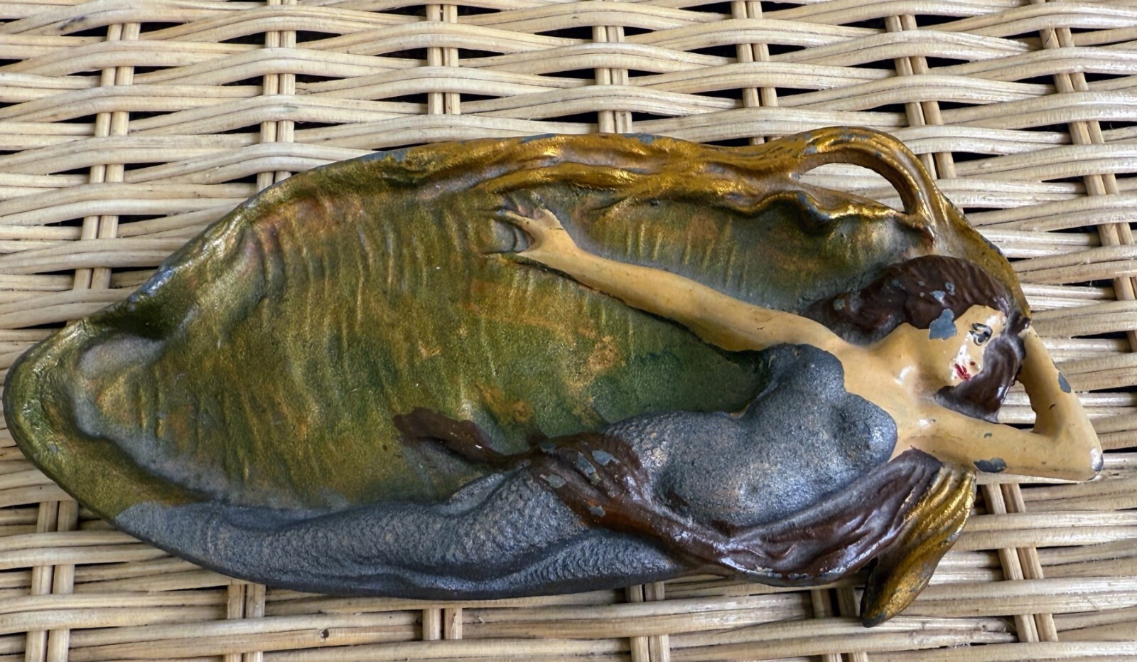 Antique 1910s Cast Metal Mermaid Trinket Pin Dish Detailed Painted