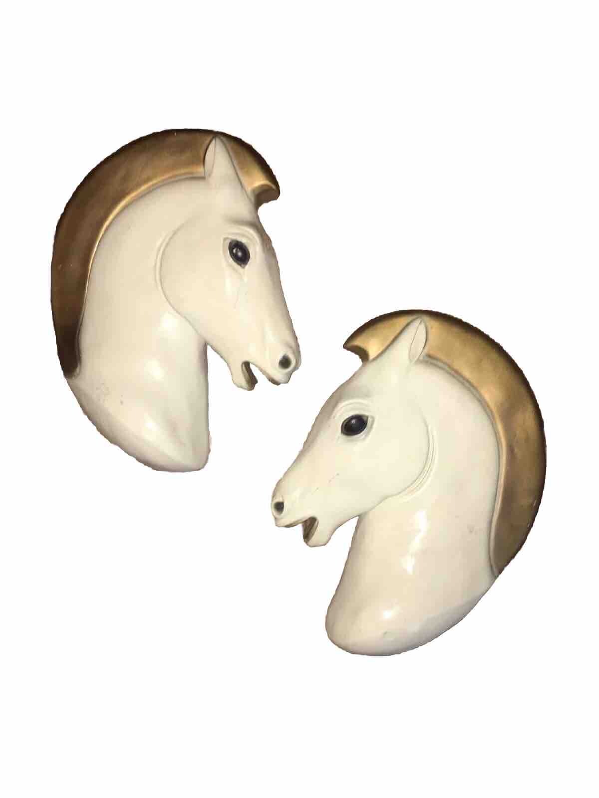 2 Vintage Chalkware / Plaster Chess HORSE Head Wall 3-D Sculpture Art Deco MCM