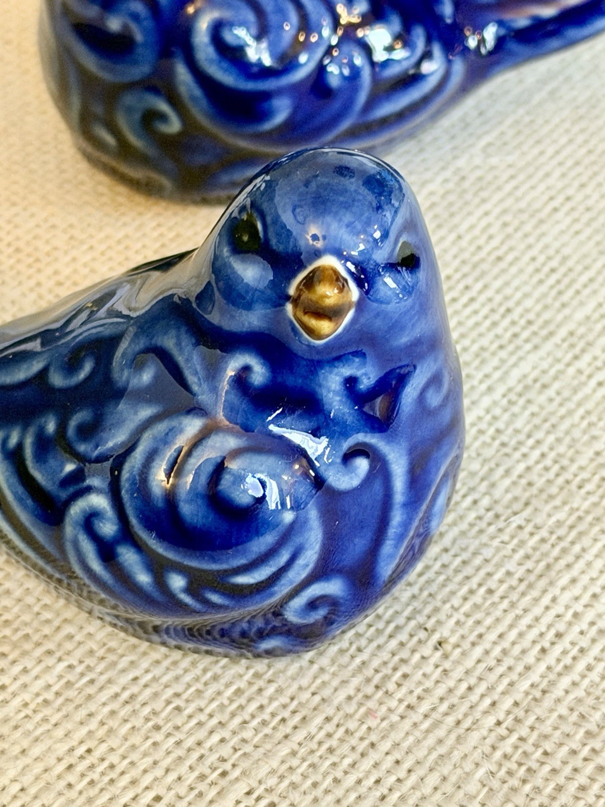 A Pair Of Blue Ceramic Bird Figurine Portugal Handmade Collectible 3.2″ Shelf