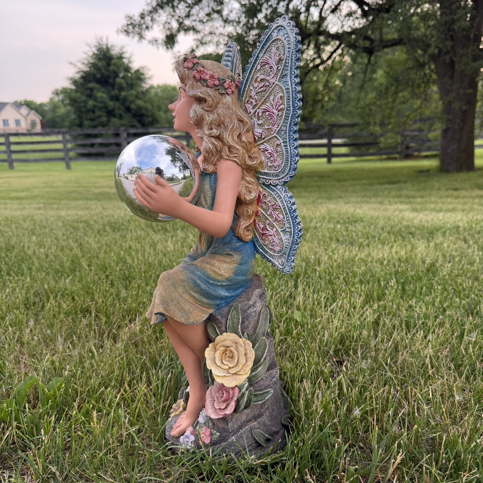 Rare Vintage 21” Fairy Sculpture w Globe by Jaimy Garden Whimsy Colorful