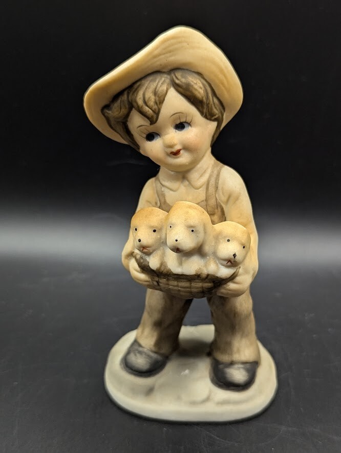 Vintage Boy with Puppies Figurine – 5.25″H – Brown/Beige