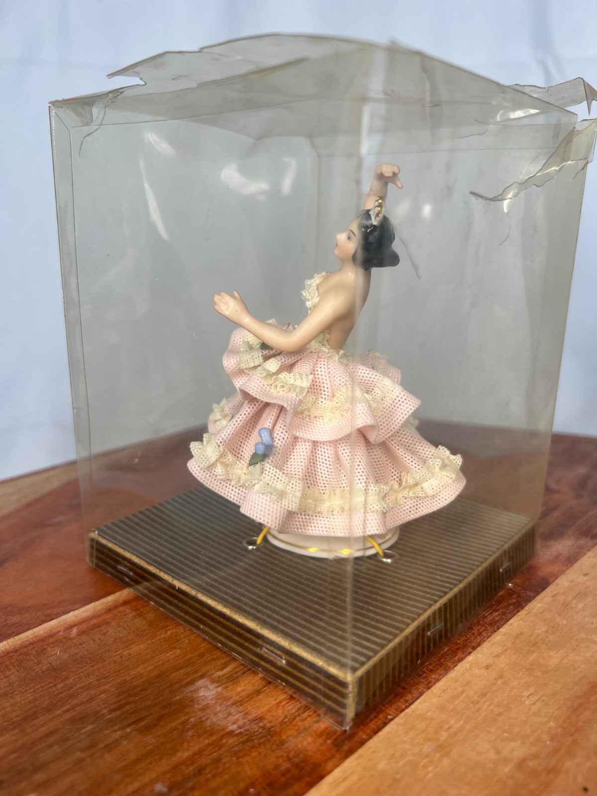 Vintage German Dresden Porcelain Lace Ballerina Figurine Display Case Pink Tutu