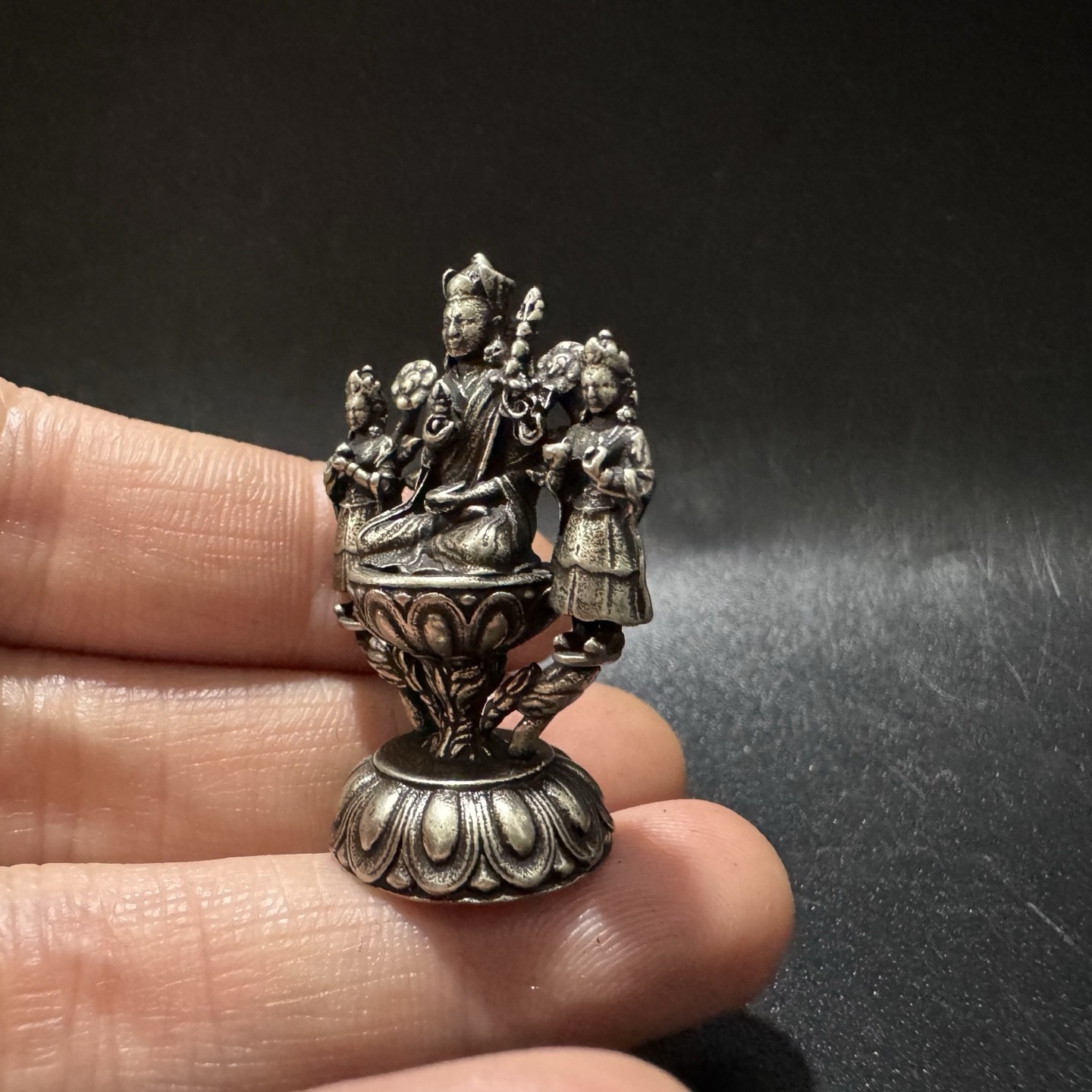 Tibetan Silver White Copper Solid Padmasambhava Two Disciples Statue Pendant
