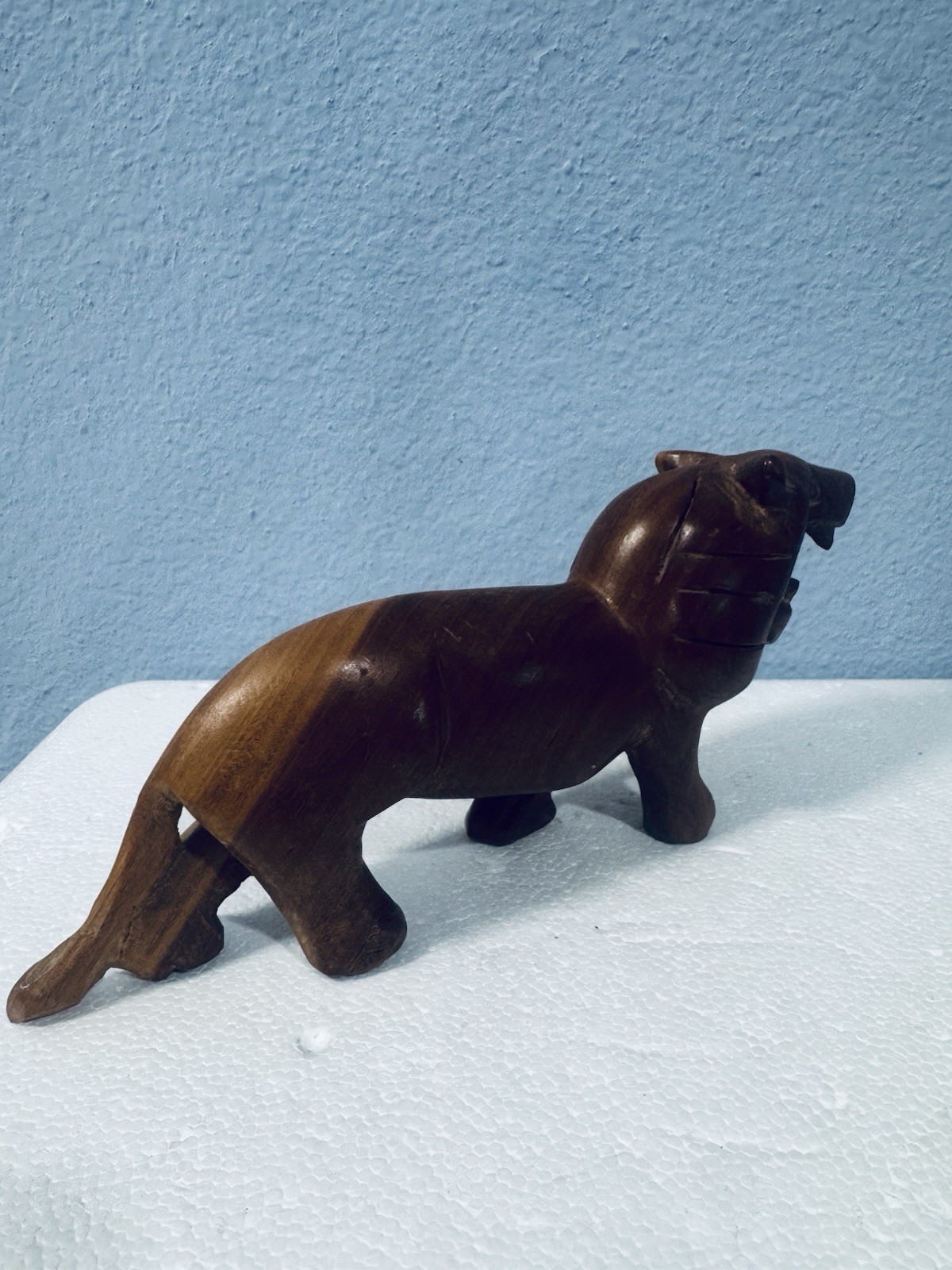 Vintage Hand-Carved Wood Lion Figurine 9” x 4” Figure Sculpture Jungle Decor